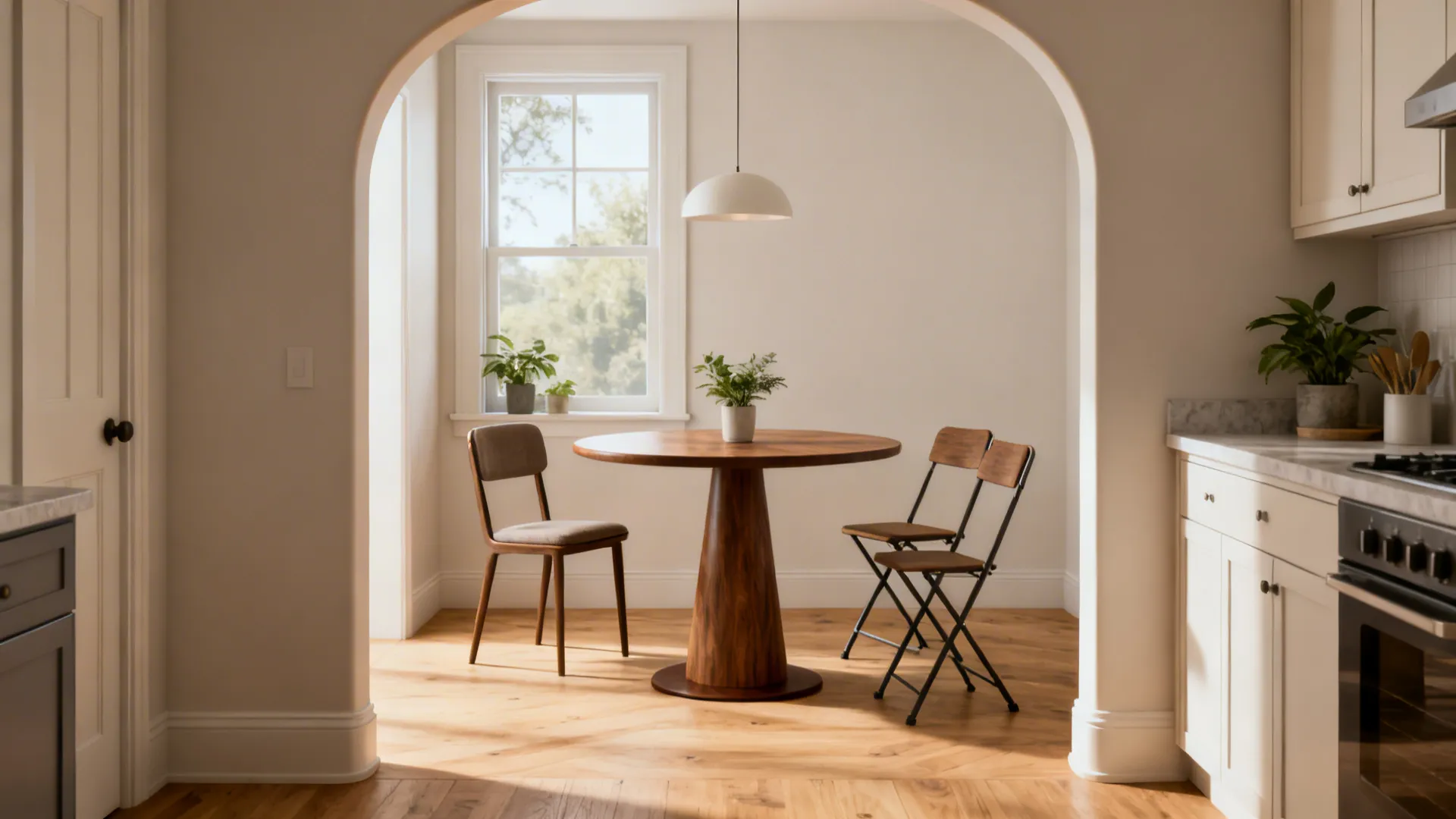 Compact open kitchen with a round walnut pedestal table easing traffic flow.