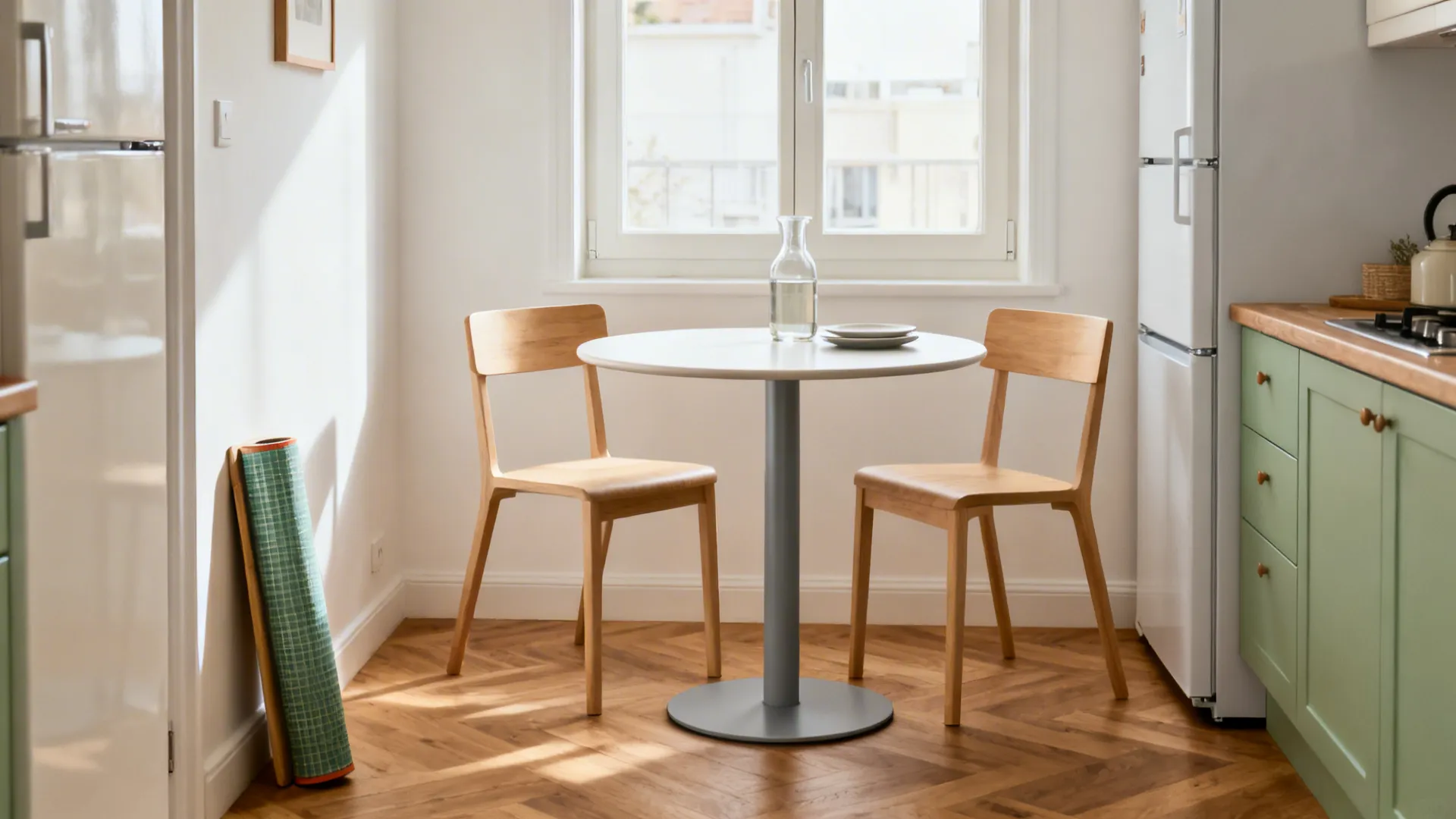 Small round pedestal table with two chairs in a compact kitchen, clear circulation all around.