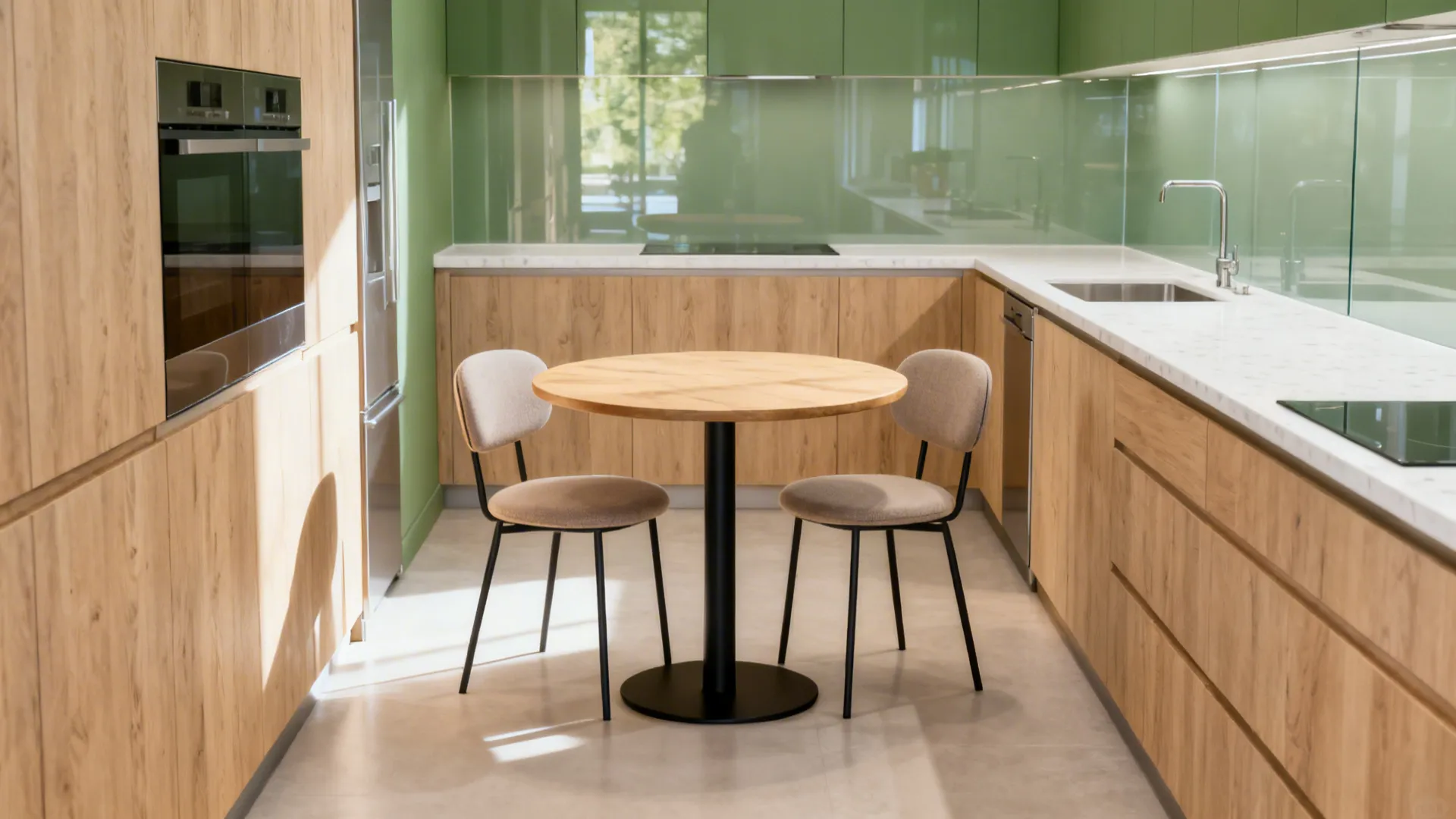 Narrow kitchen with a light oak round pedestal table allowing easy circulation.