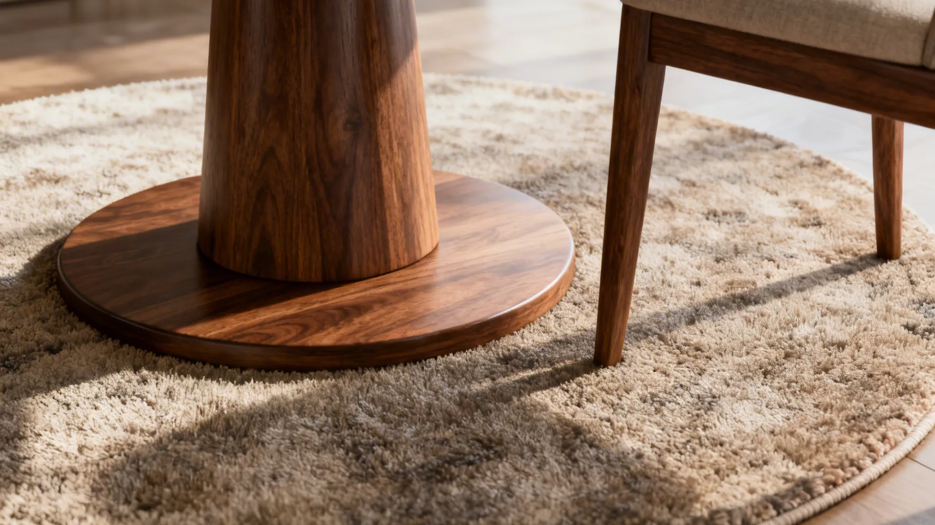 Macro of a weighted pedestal base with rich wood grain and rug texture.