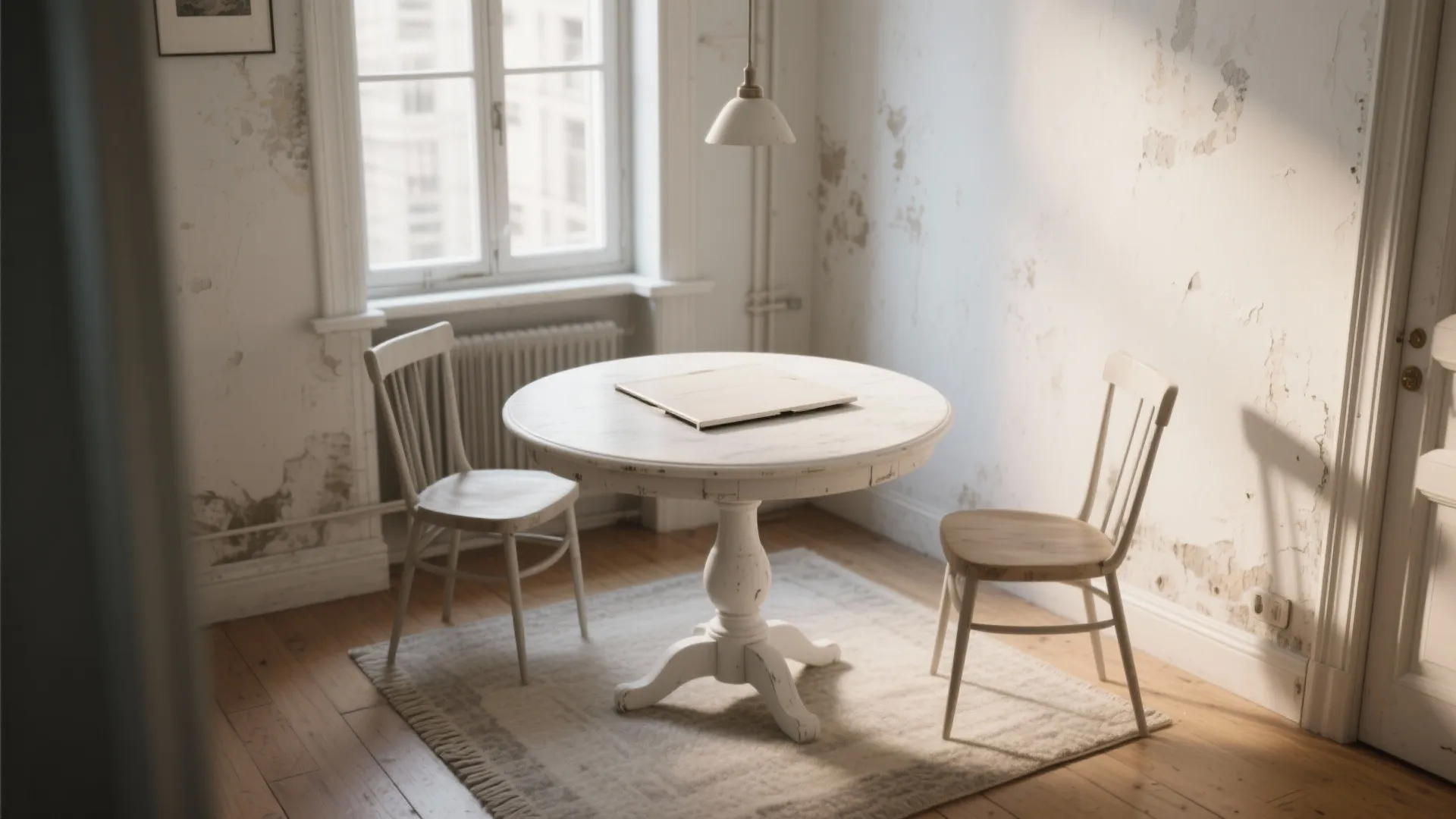 White round wooden table with two chairs placed on a rug in a bright room