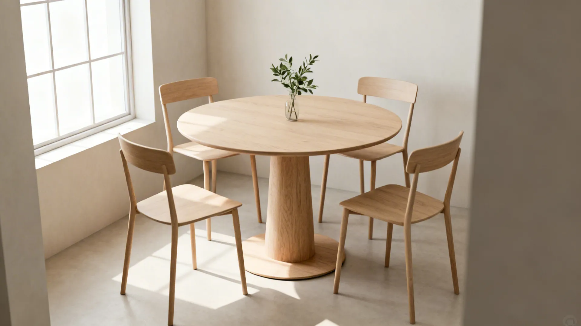 Small studio nook with a 36-inch round pedestal table and four armless chairs enhancing flow.
