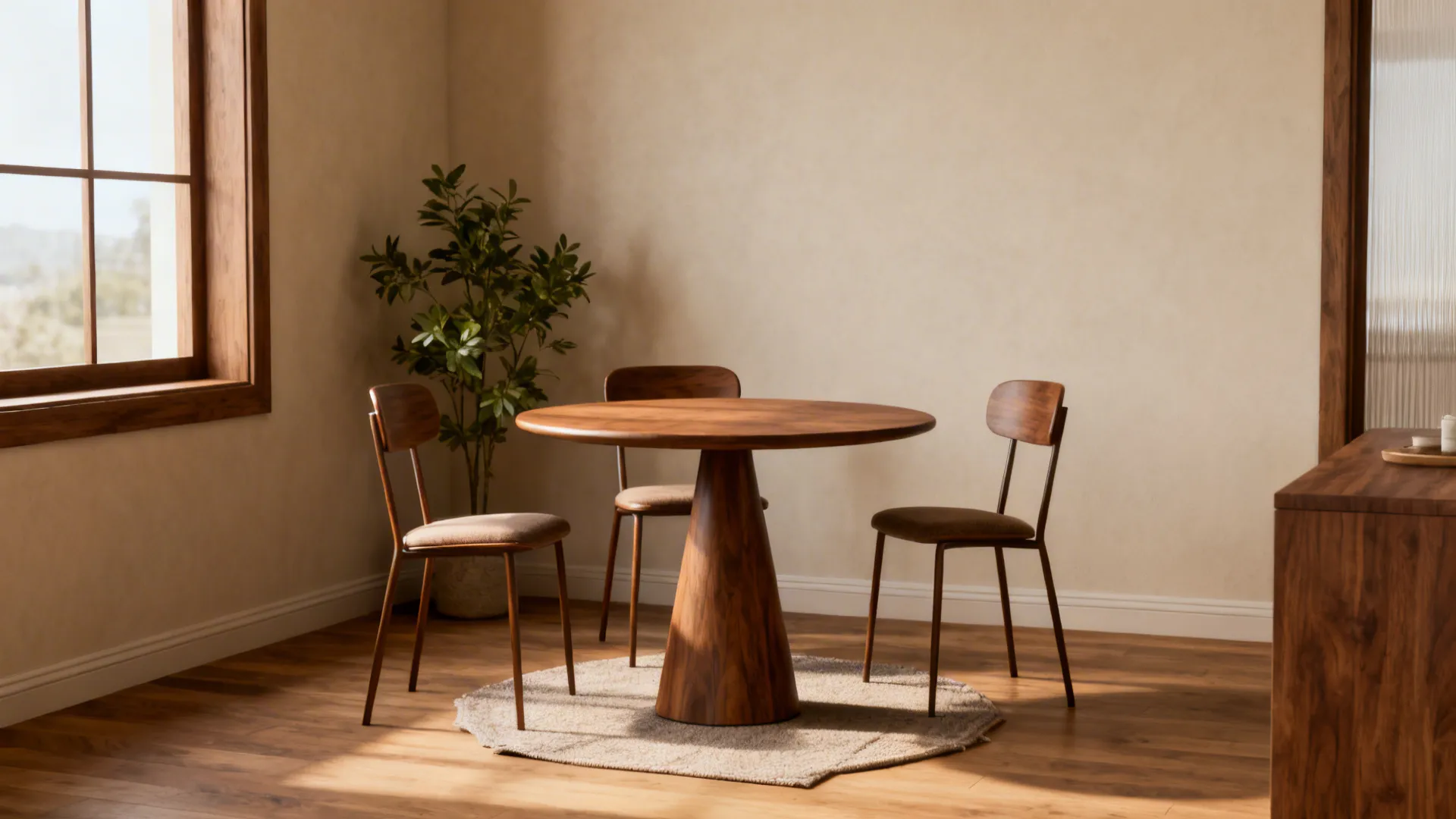 Warm dining nook with a round wood table three chairs a plant and natural light