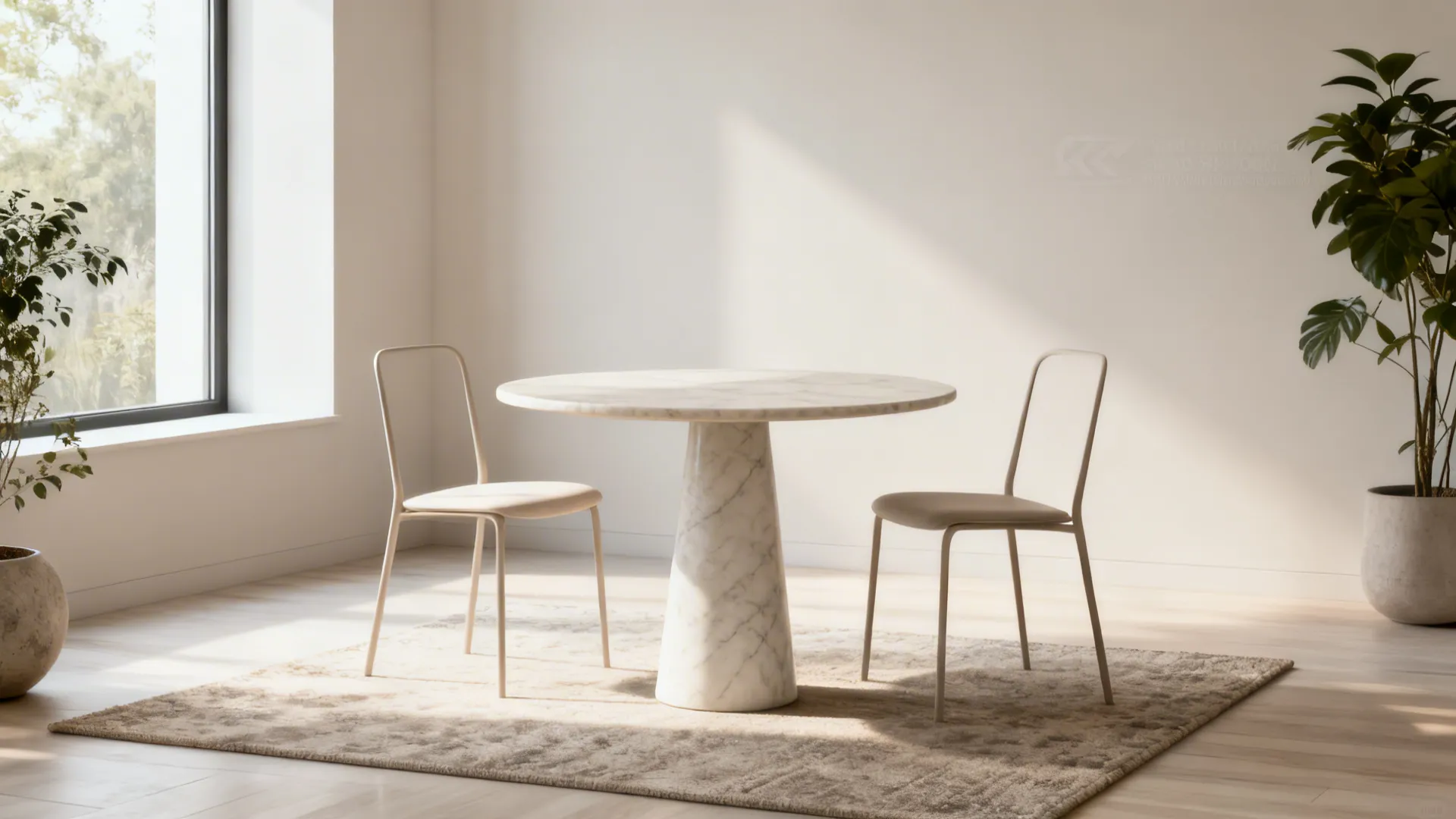 Small round marble-topped pedestal table in a corner nook with two slender chairs and soft daylight.
