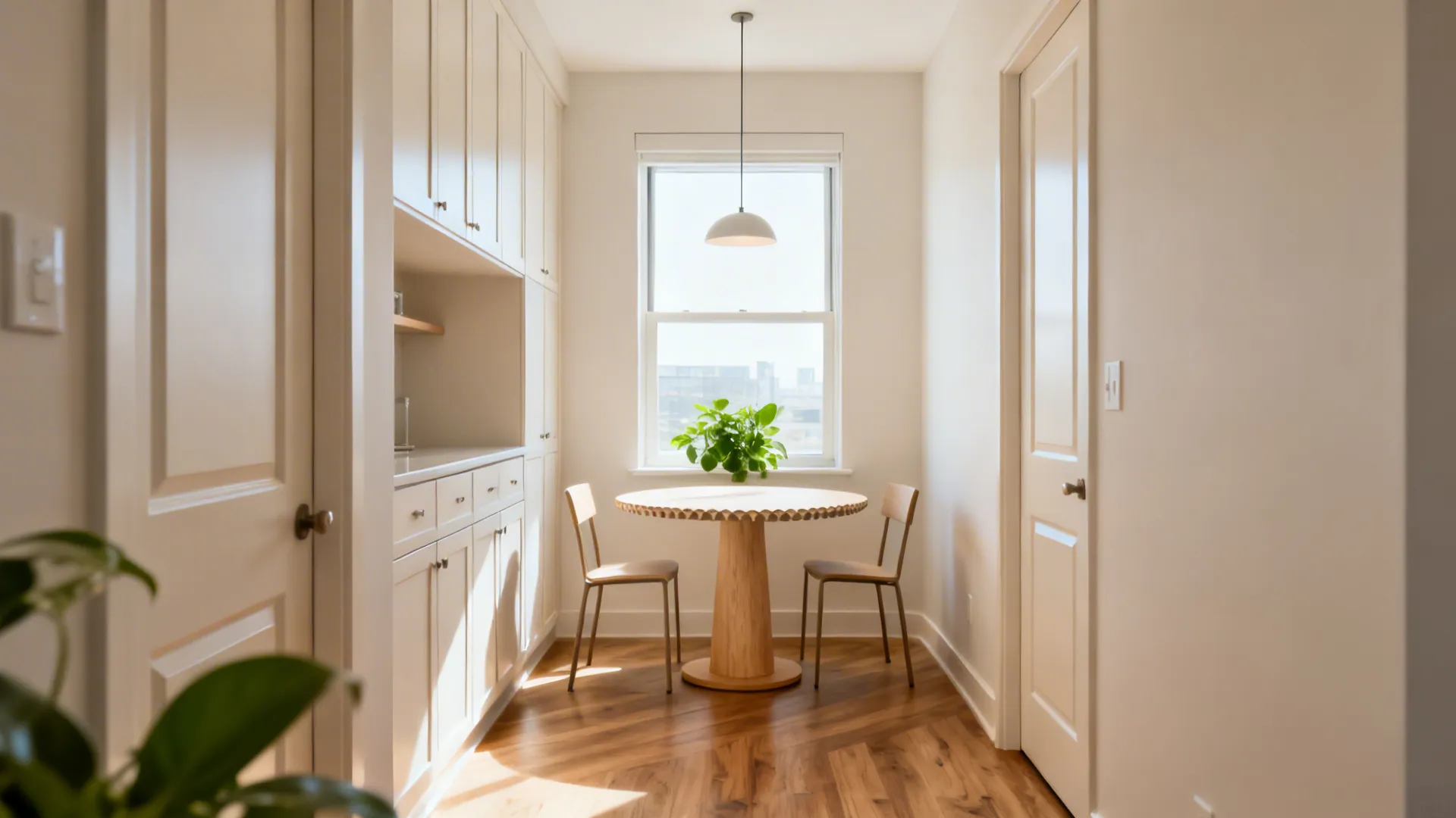 Compact dining nook with a round pedestal table and armless chairs for better flow.