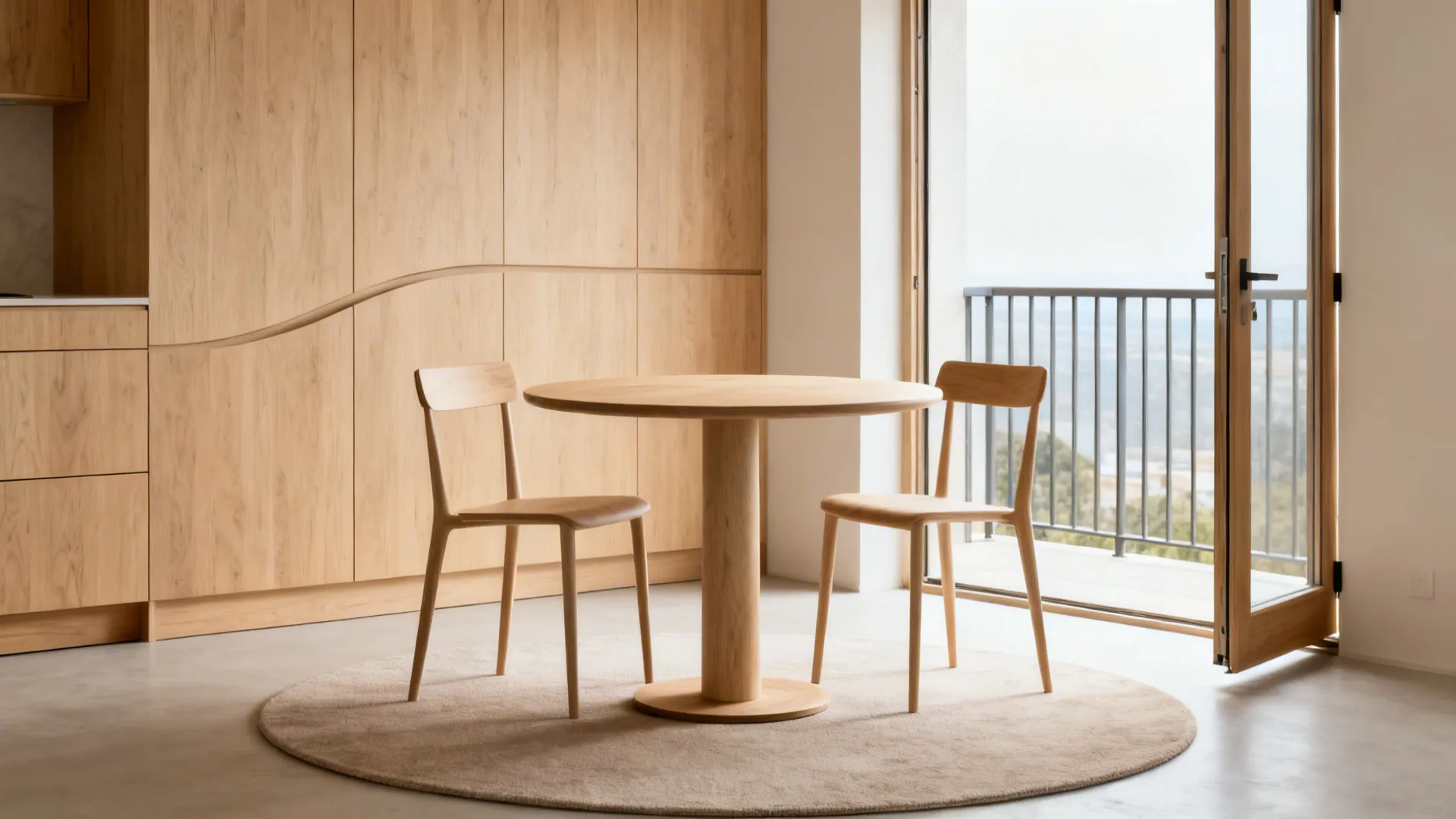 Round pedestal table in a corner nook near a balcony door with two slim chairs.