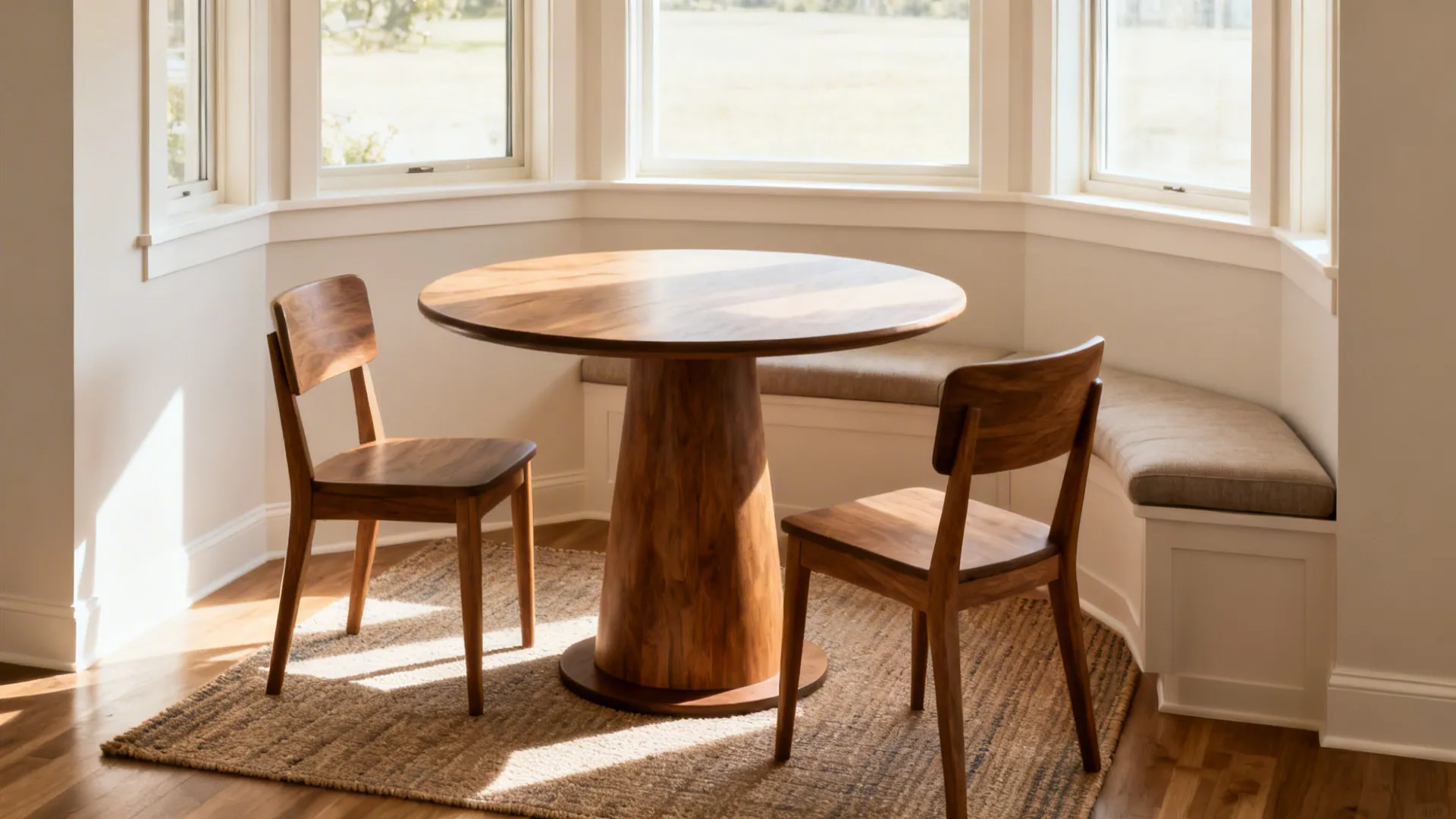 Round pedestal table in a bright corner nook with two chairs and clear walk space.