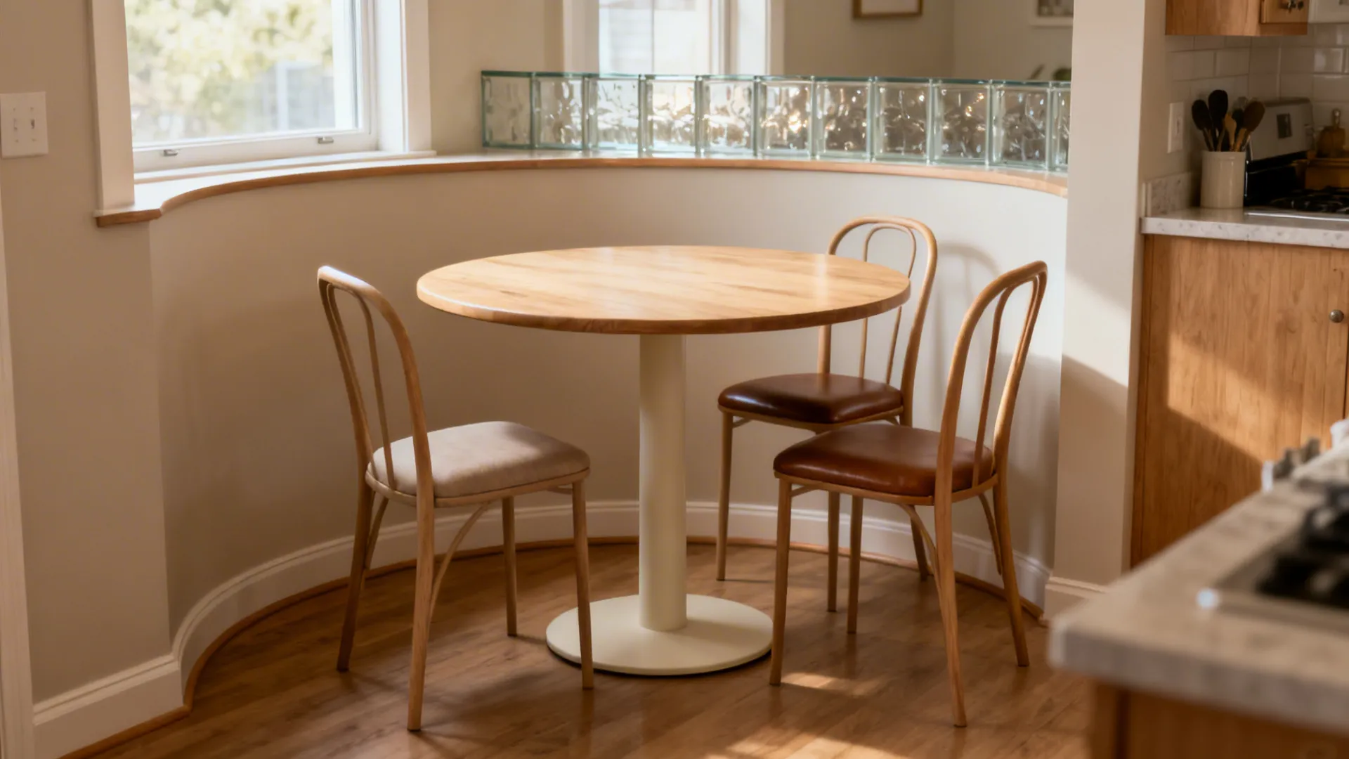 Round pedestal table in a tight nook