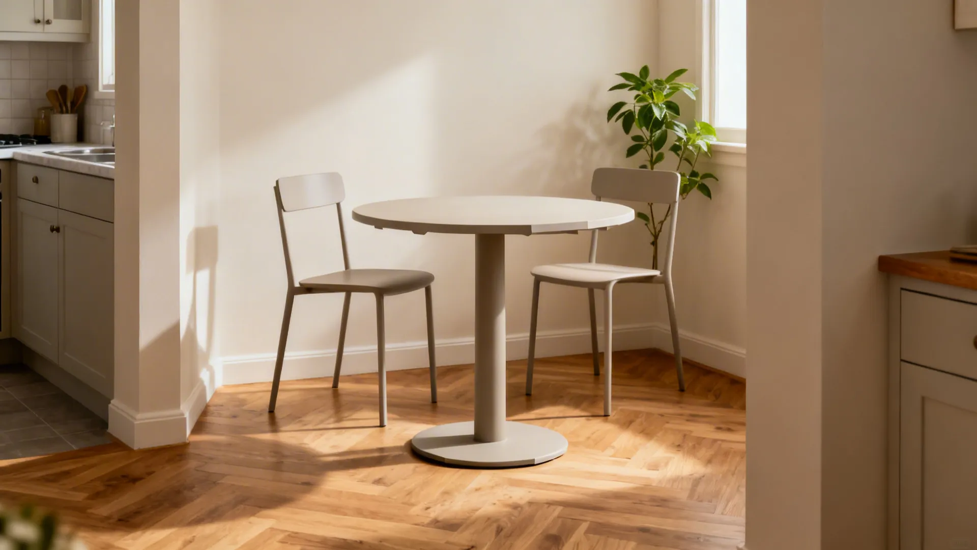 Minimalist dining area with round pedestal table, two chairs, wooden floor, and a small plant