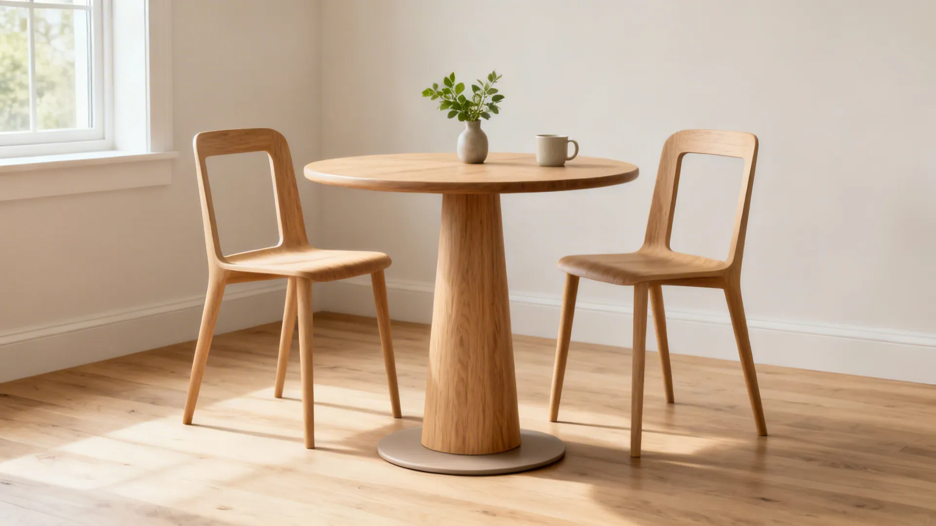 Round pedestal table with airy chairs