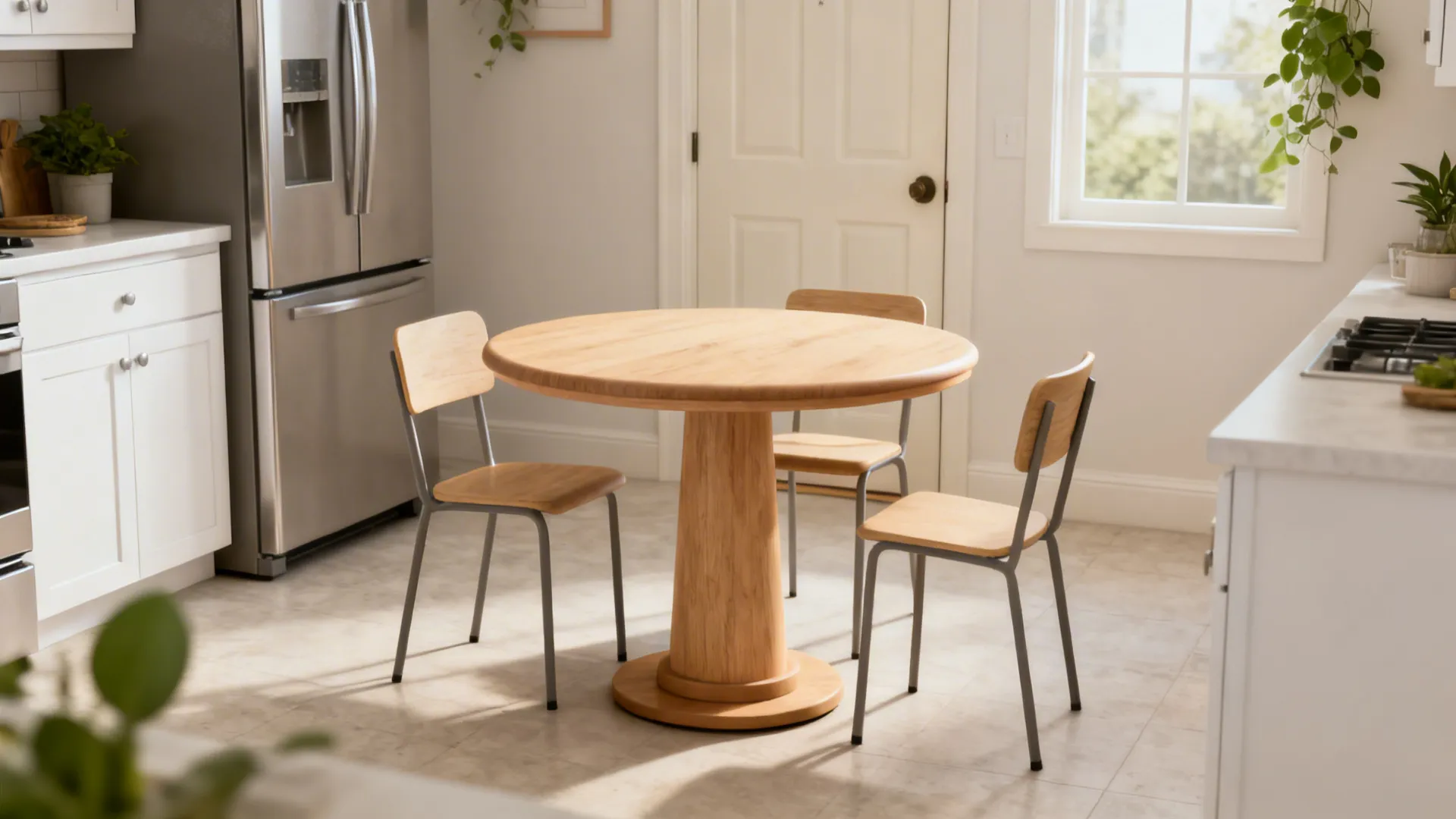 Round pedestal table with armless stackable chairs in a compact kitchen, showing clear flow.