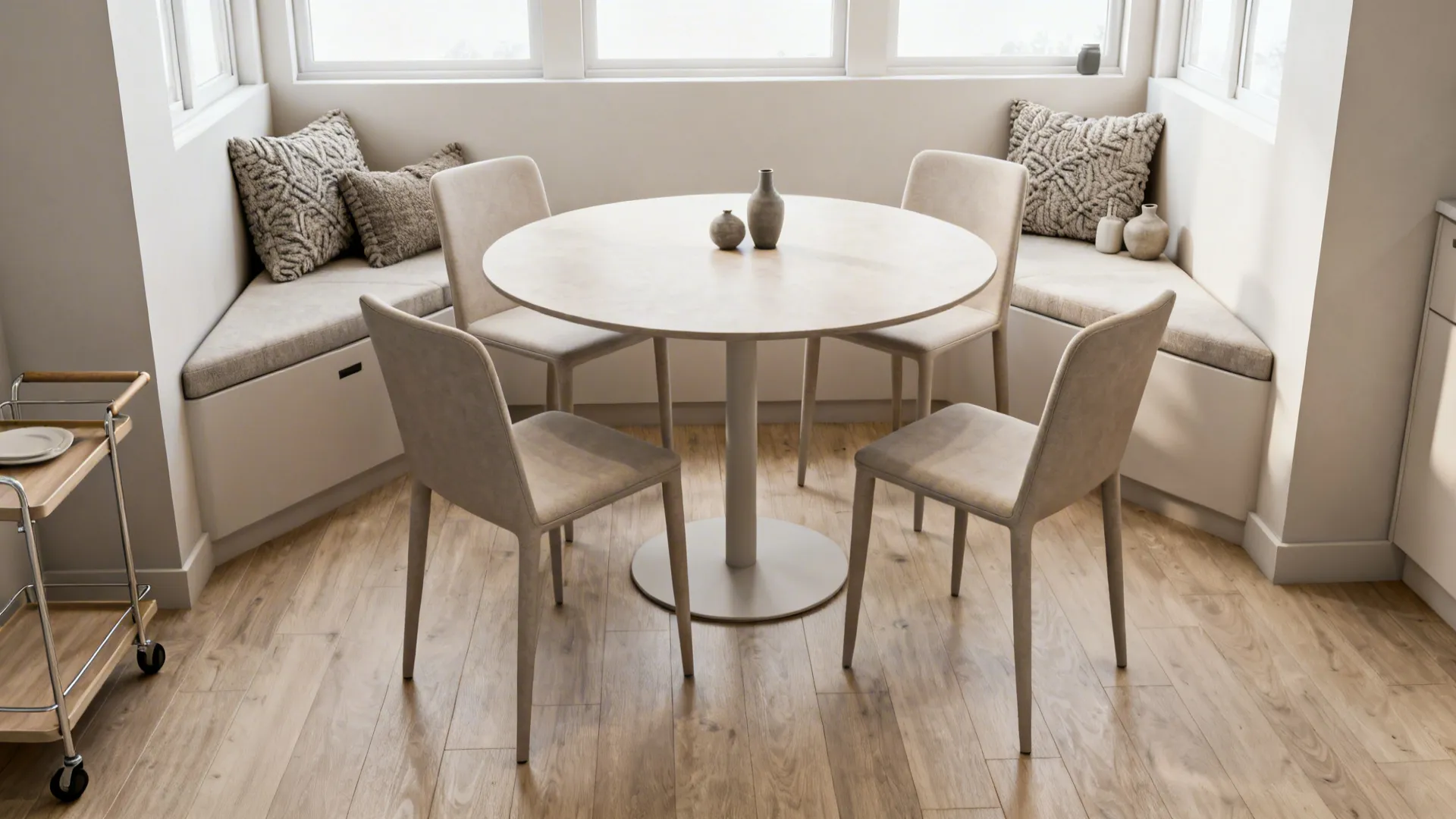 Small round pedestal table with four slim armless chairs and a rolling cart nearby
