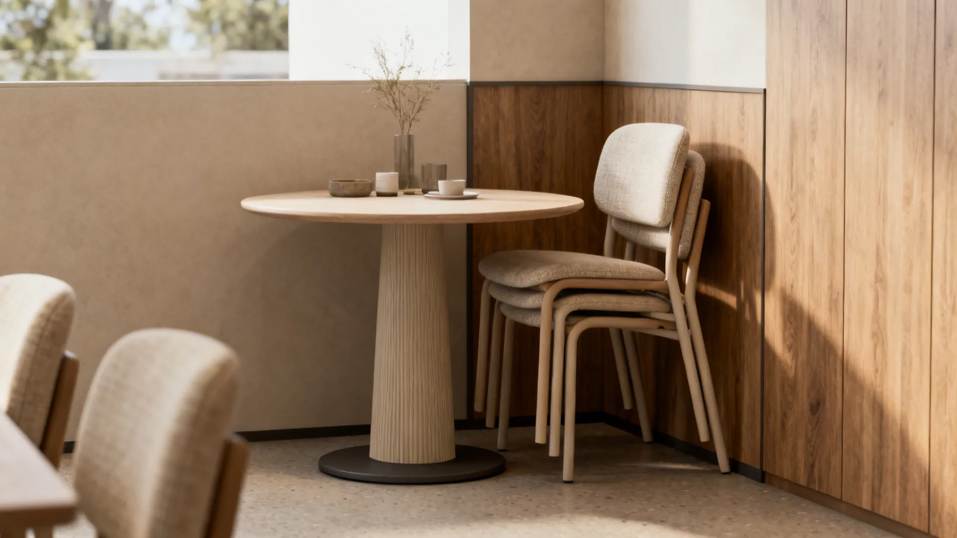 Round pedestal dining table with stackable chairs tucked neatly into a small corner