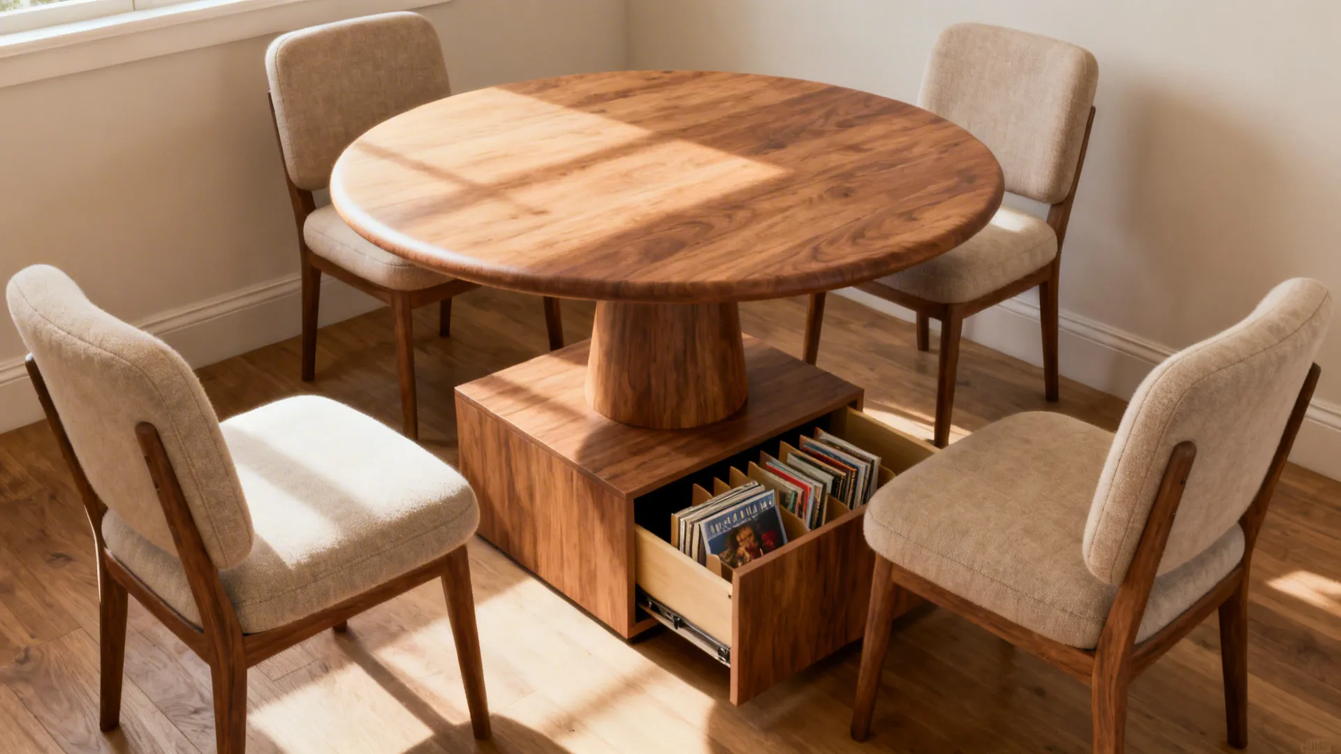 Round pedestal table with its hollow base opened to show organized storage and magazine dividers