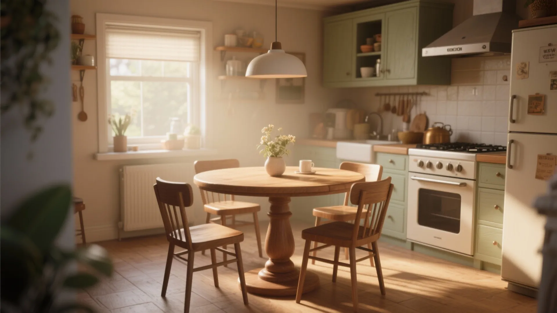 Round wooden pedestal table with four chairs in warm kitchen with green cabinets and sunlight