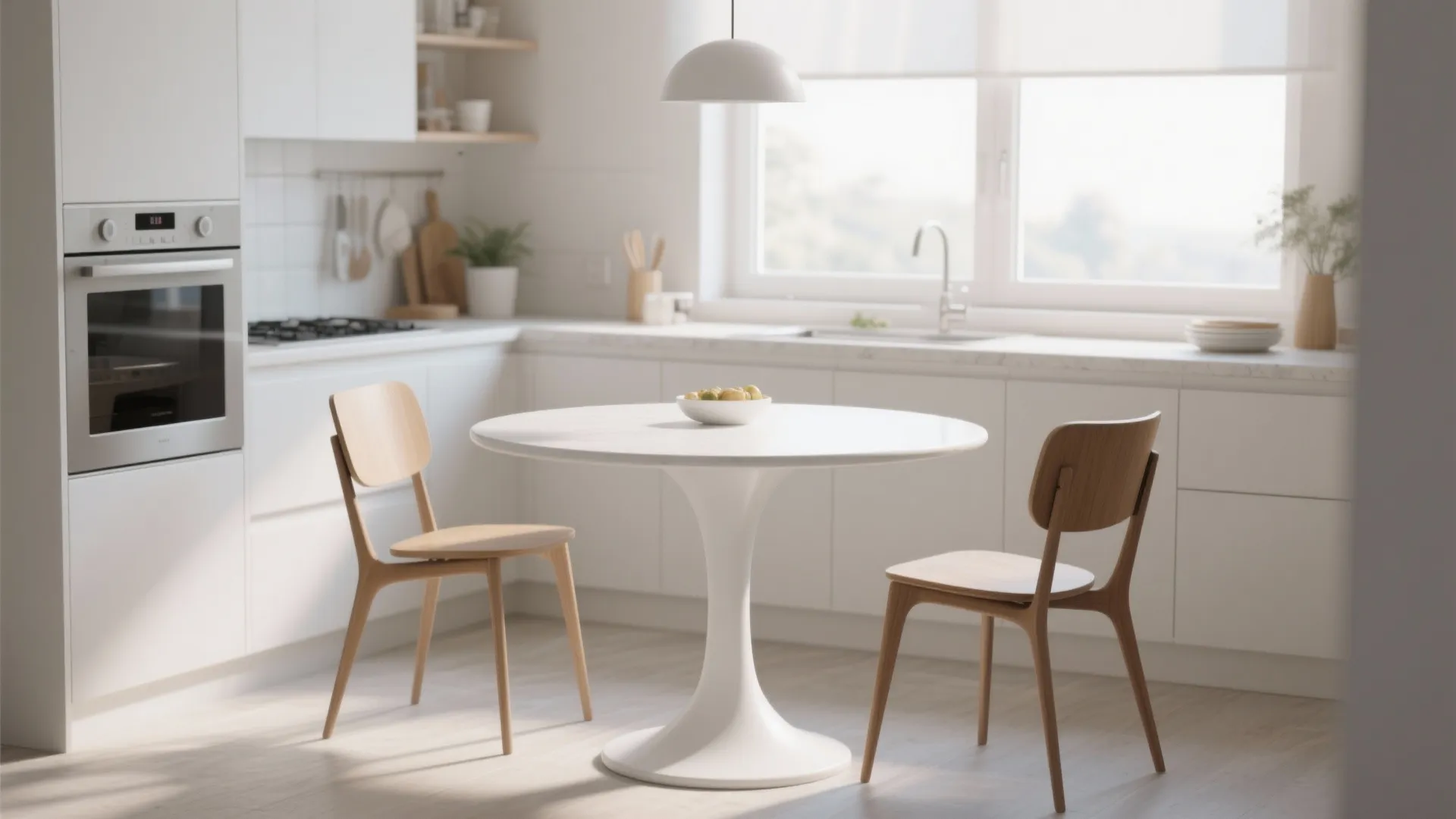 Modern white round dining table with two wooden chairs in a bright clean white kitchen