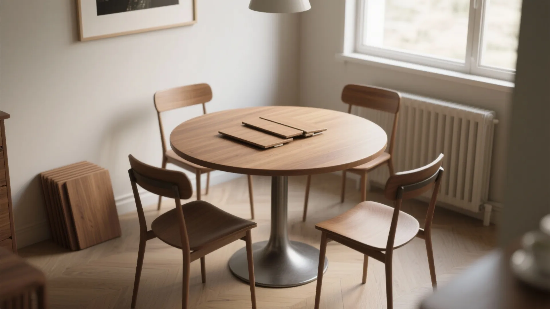 Round pedestal table with leaves