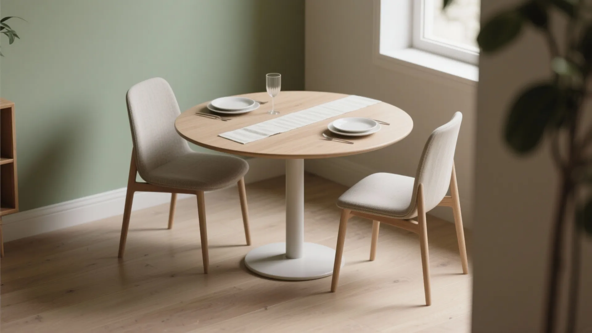 2. Small round pedestal table to soften tight corners
