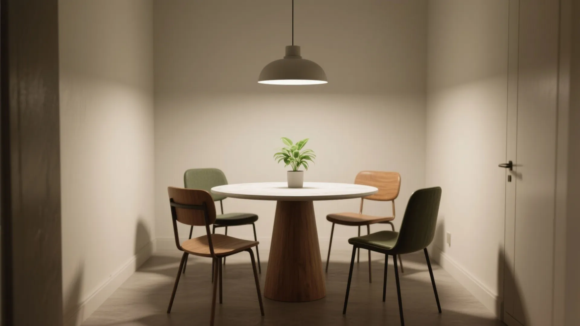 Modern round dining table with four chairs small green plant and a single white ceiling light