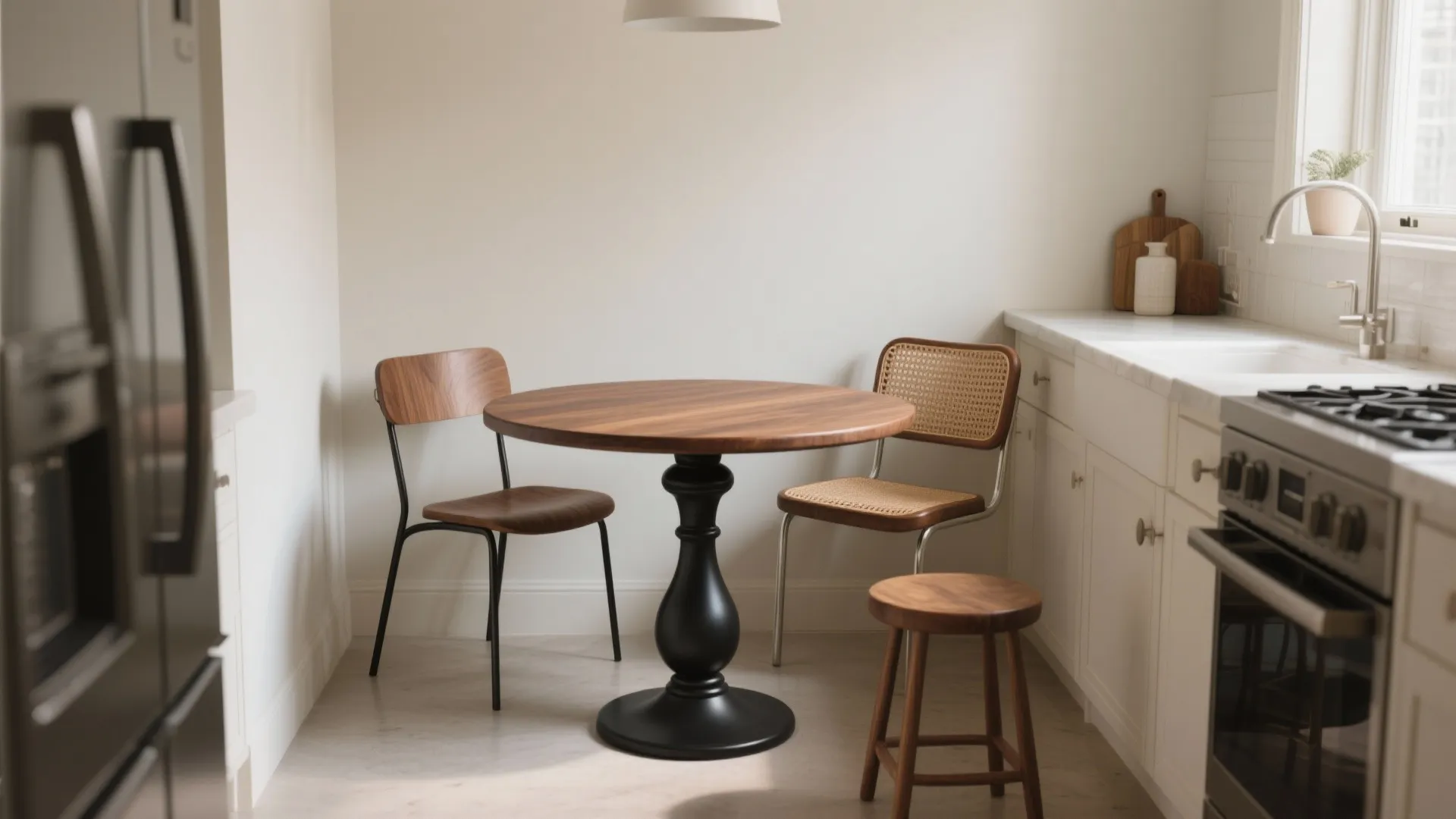 1. Round pedestal table — soft edges, big impact