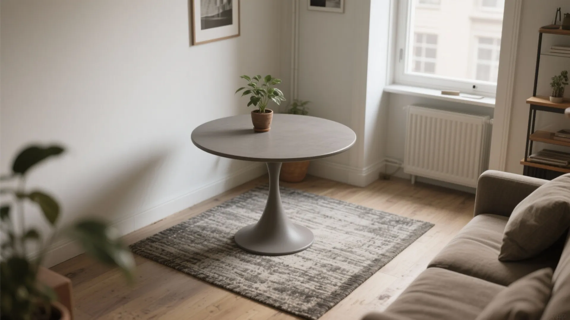 2. Round grey pedestal table to soften corners