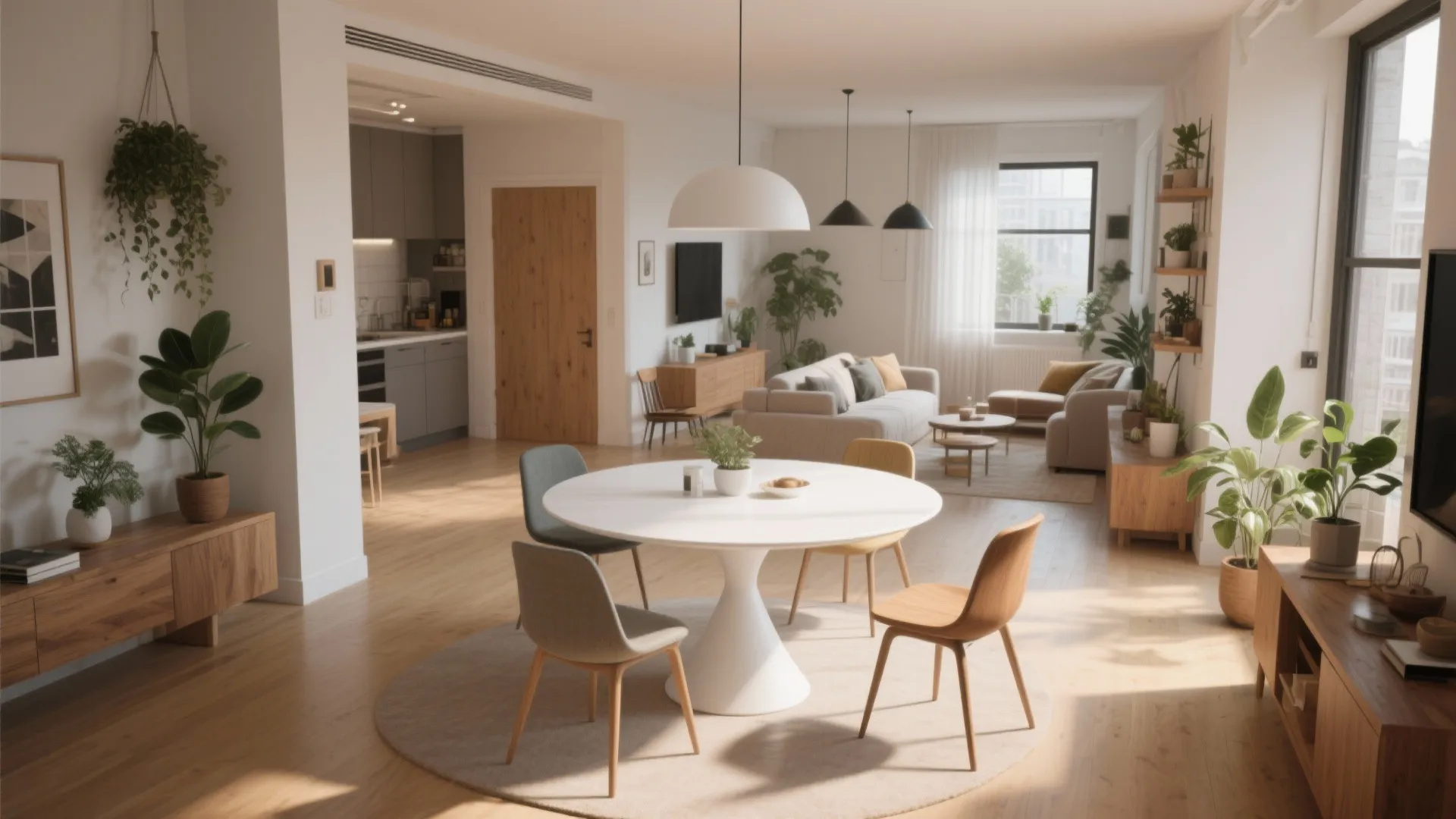 Modern open plan living room with white round dining table four chairs and wood flooring