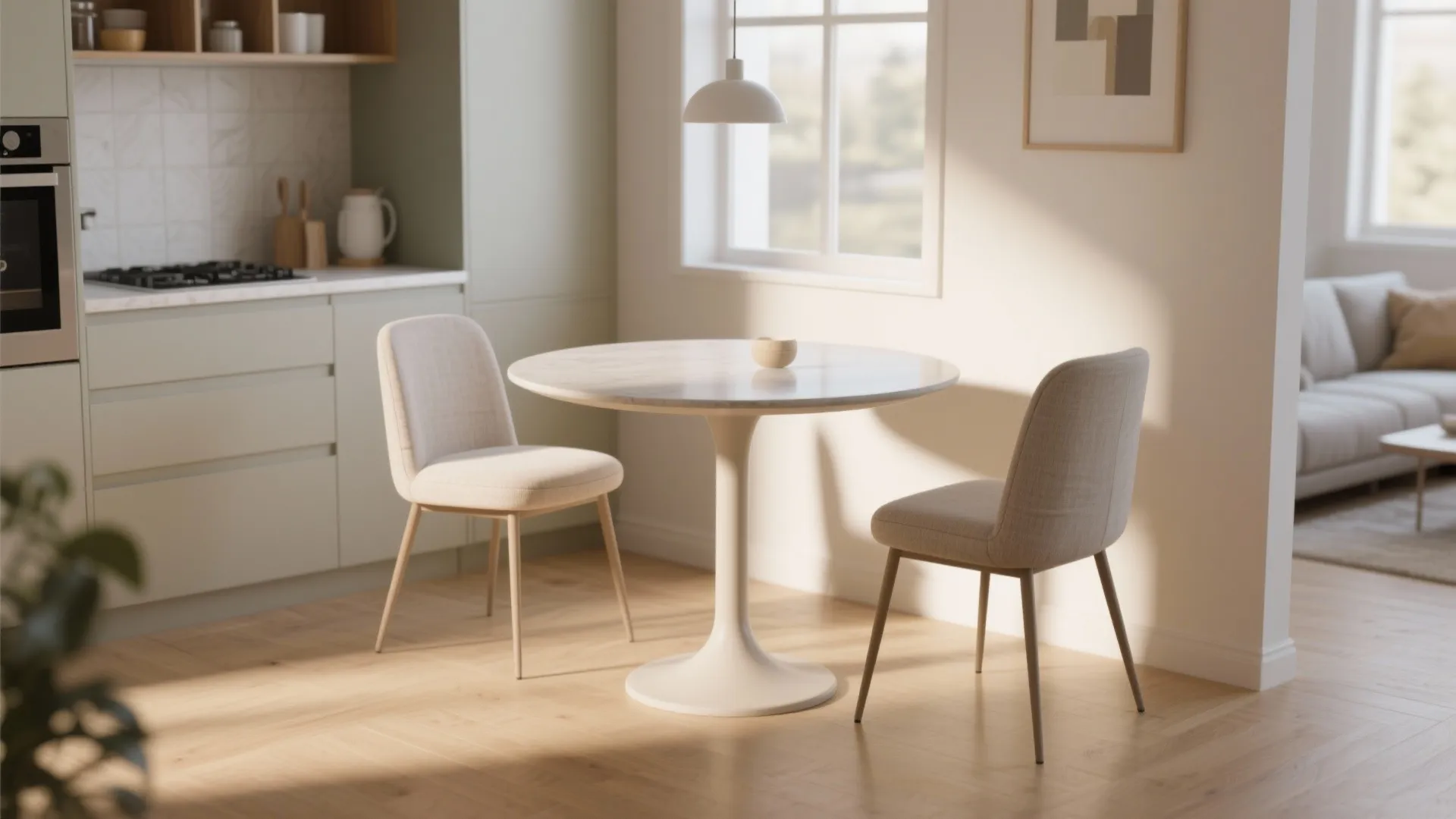 Small round dining table with two chairs in a bright kitchen with a ceiling light