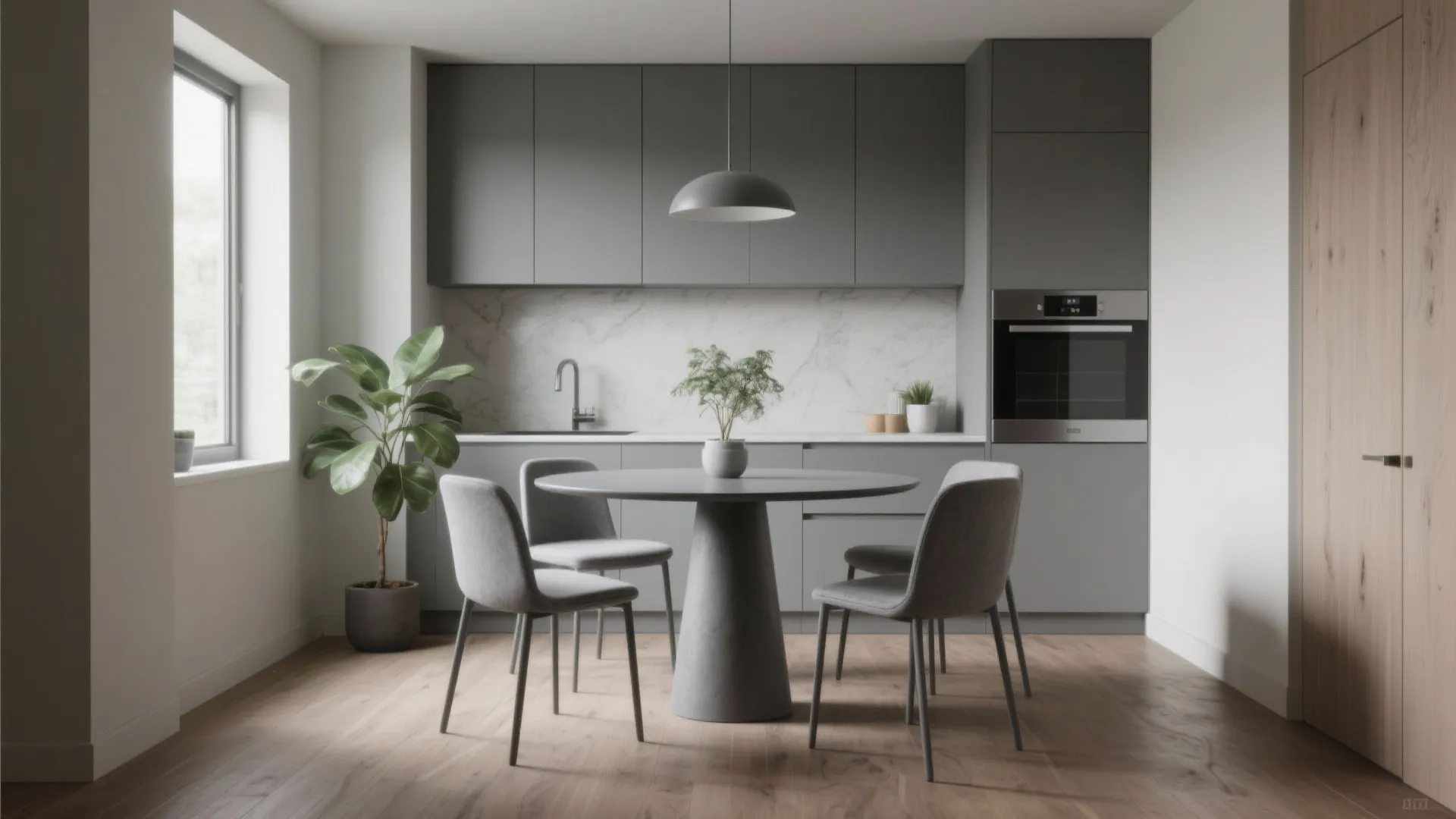 1. Sleek round grey pedestal table