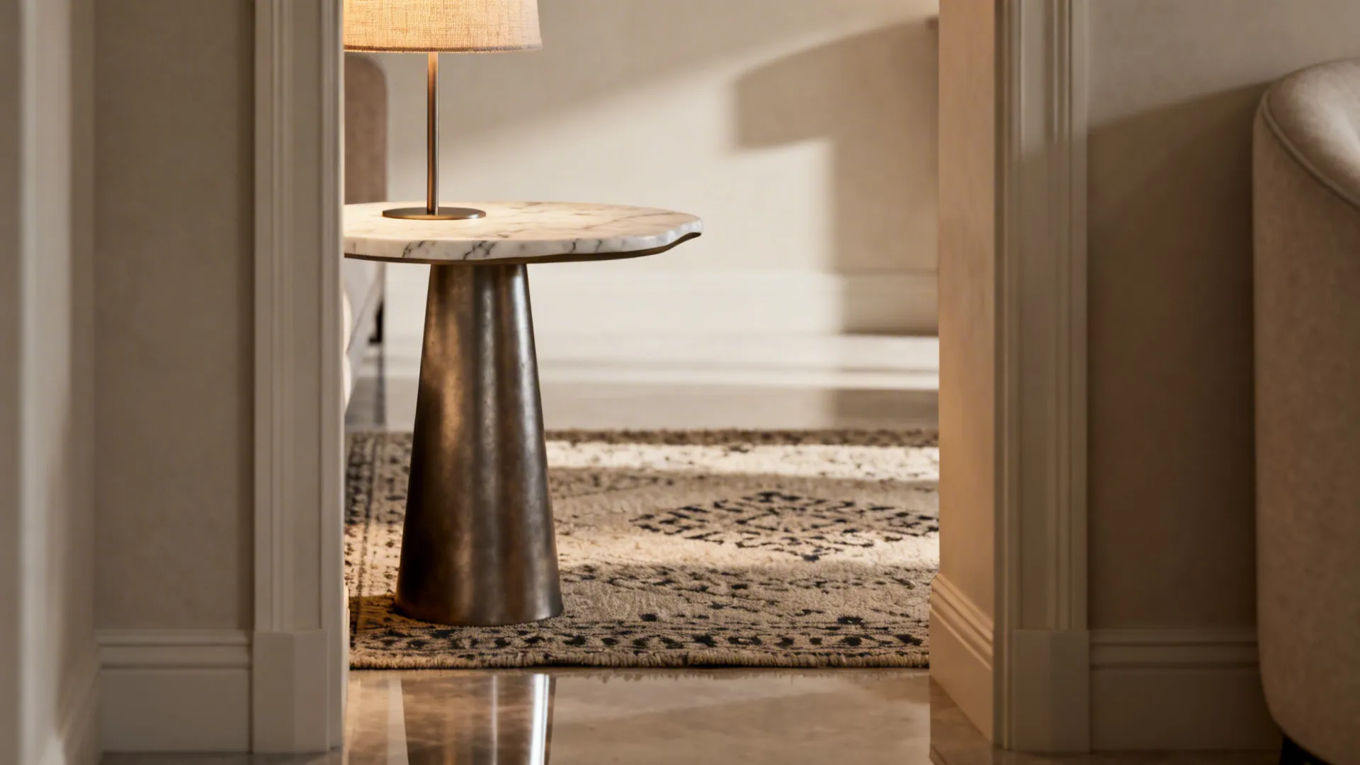 Round marble side table with a table lamp on a patterned rug in a warm room