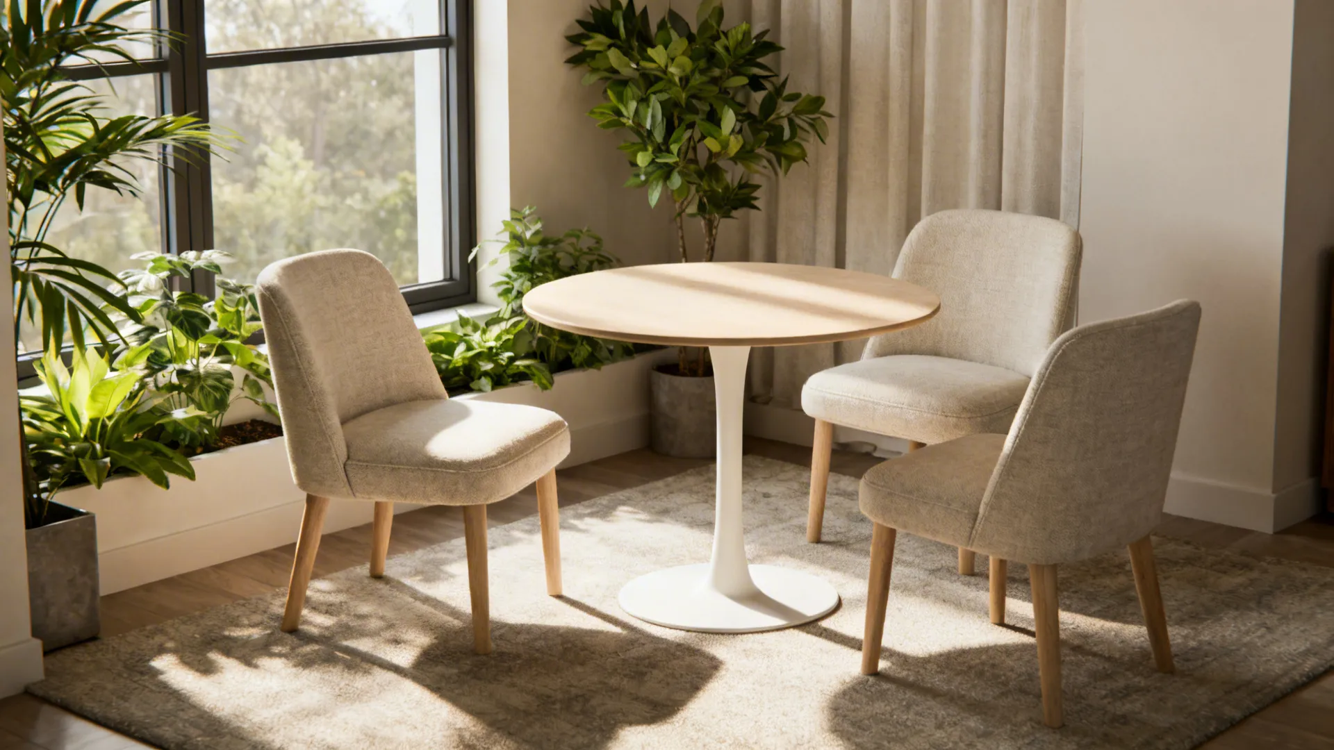 Small round pedestal dining table improving flow in a compact living room.