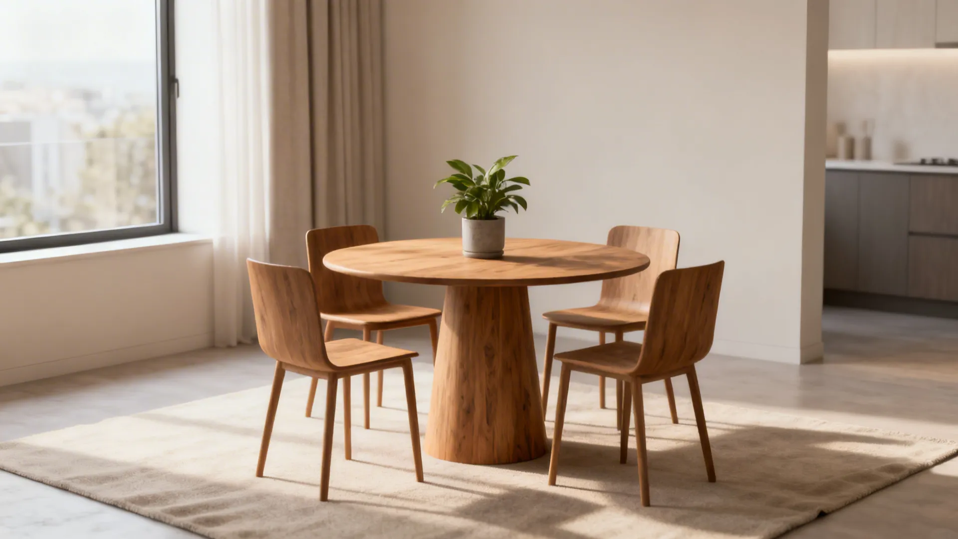 Round wooden dining table with four chairs and a small green plant on a rug