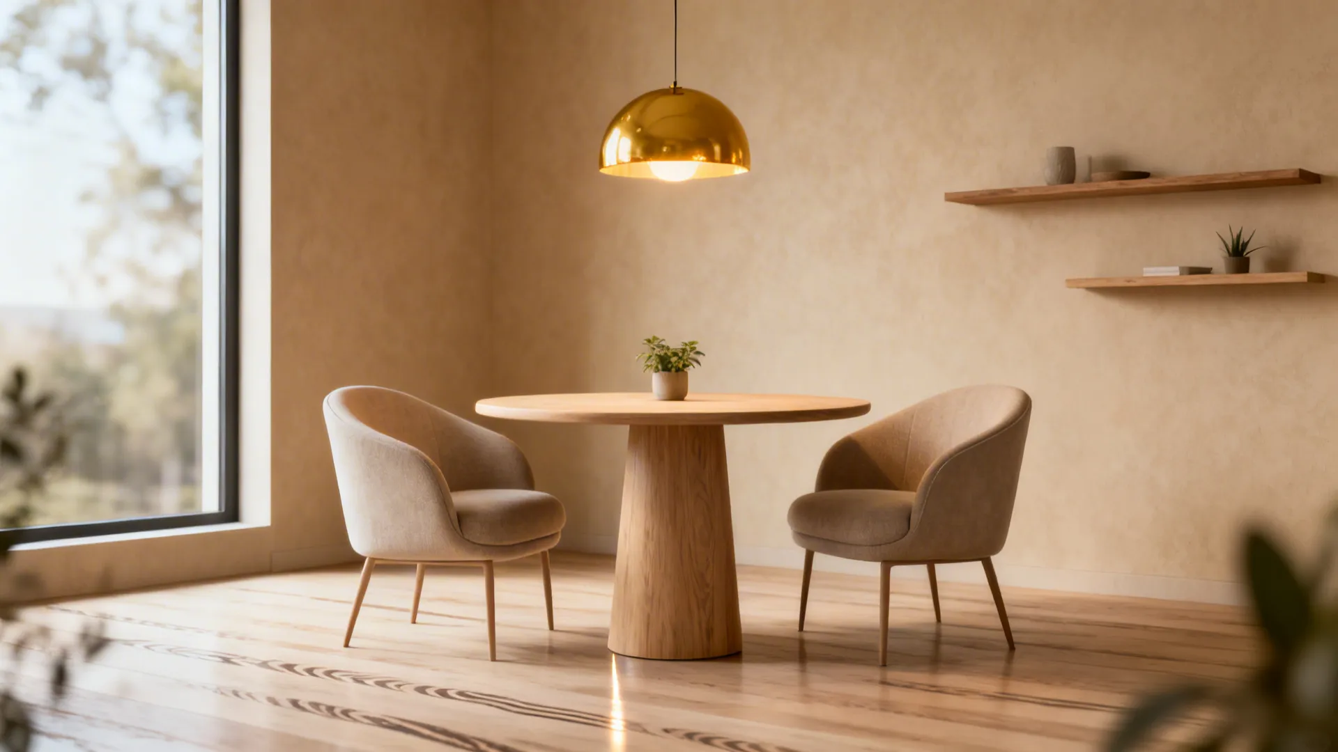Small dining nook with a round pedestal table and two chairs creating smooth traffic flow