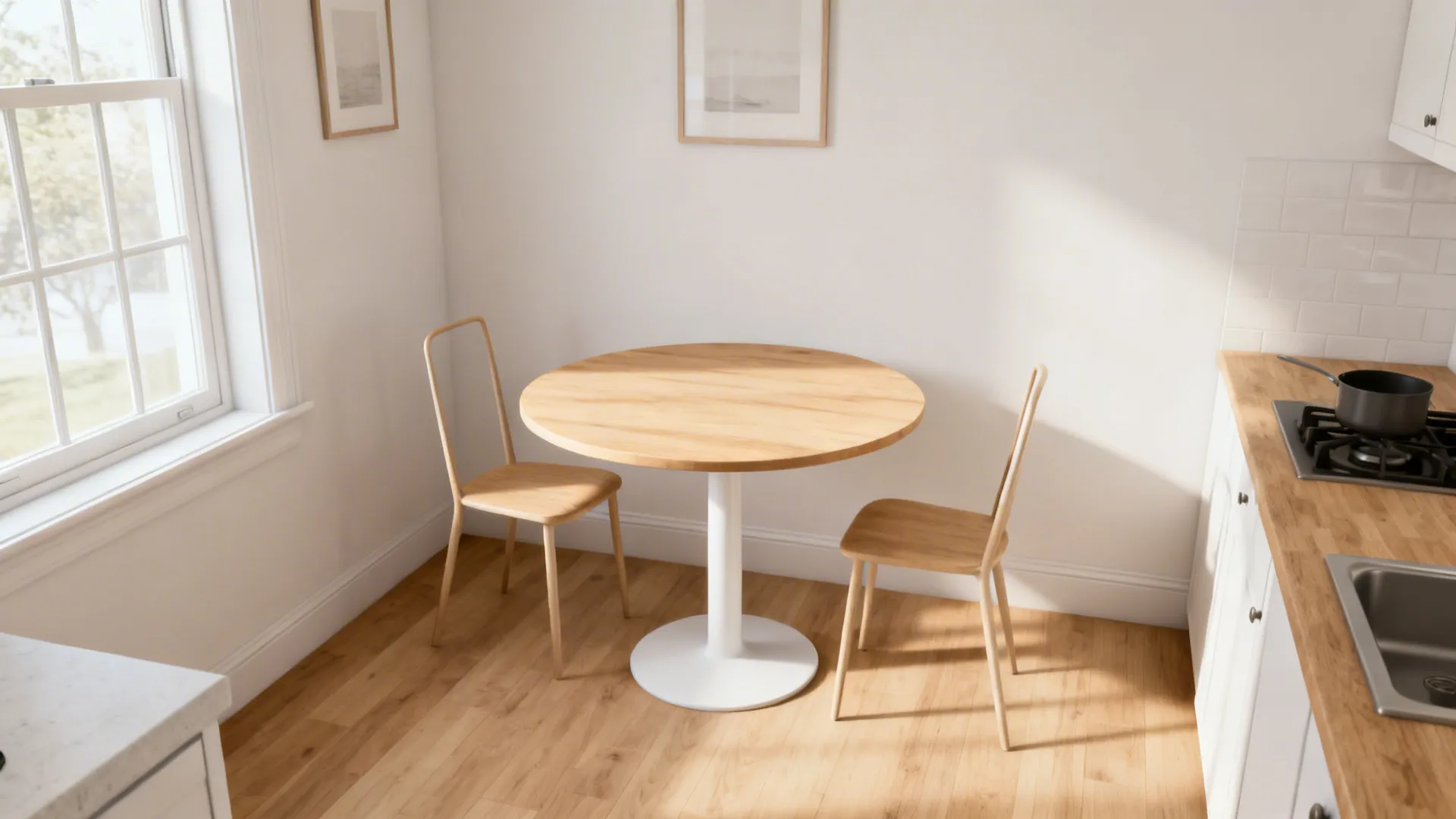 Small kitchen nook with a round pedestal table and two slim chairs creating an airy, uncluttered feel.