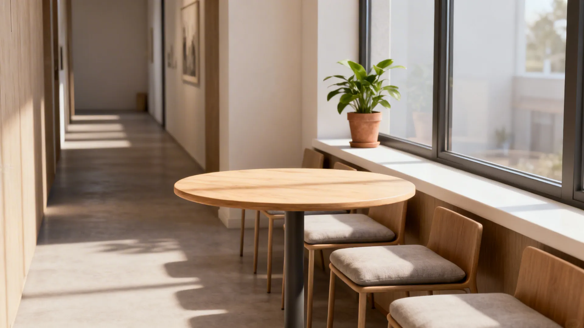 1. Round pedestal table with slim-profile chairs