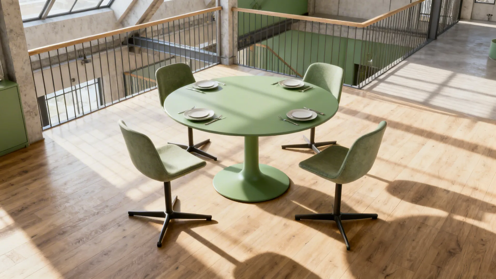 36-inch round pedestal table in a loft with four chairs and clear circulation space.
