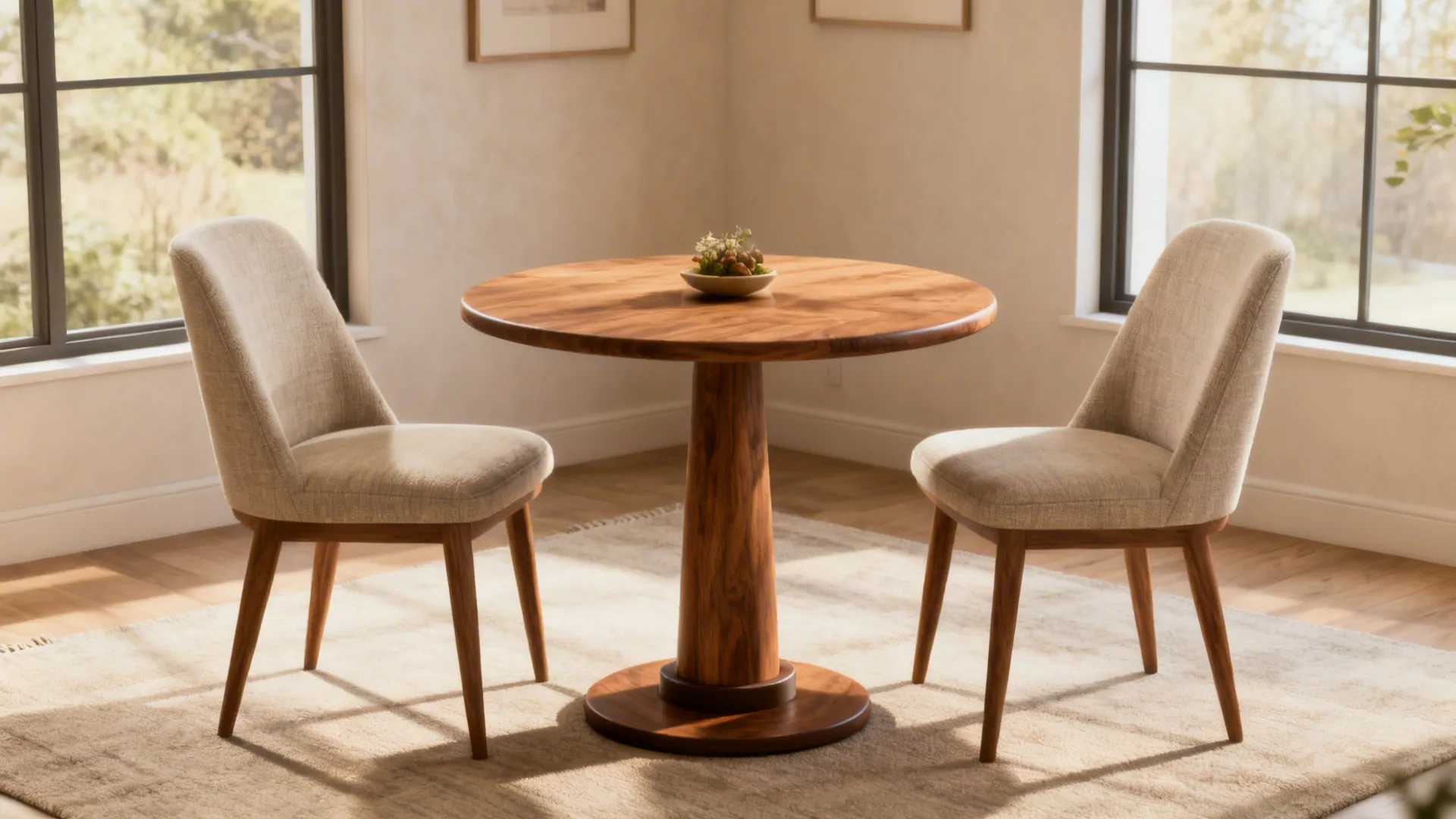 Small round pedestal dining table with two chairs and ample legroom