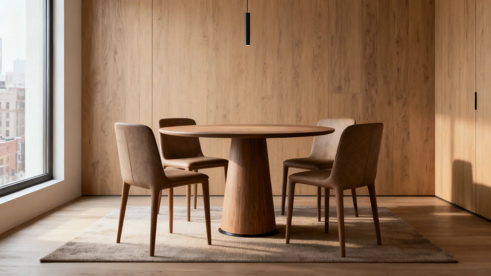 Round pedestal dining table in a small flat with chairs tucked in and warm daylight
