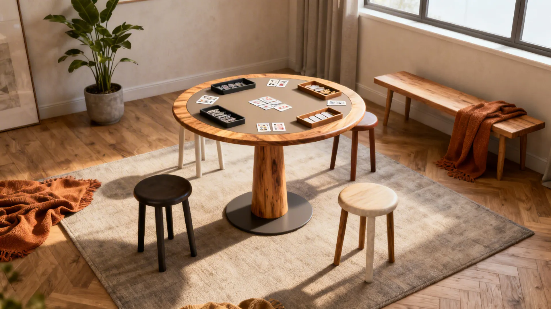 Small living area with a round pedestal game table and flexible seating for casual play.