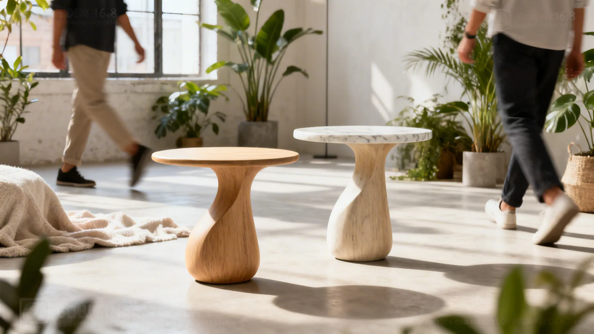 Two modern round small side tables in wood and marble finishes within a bright room