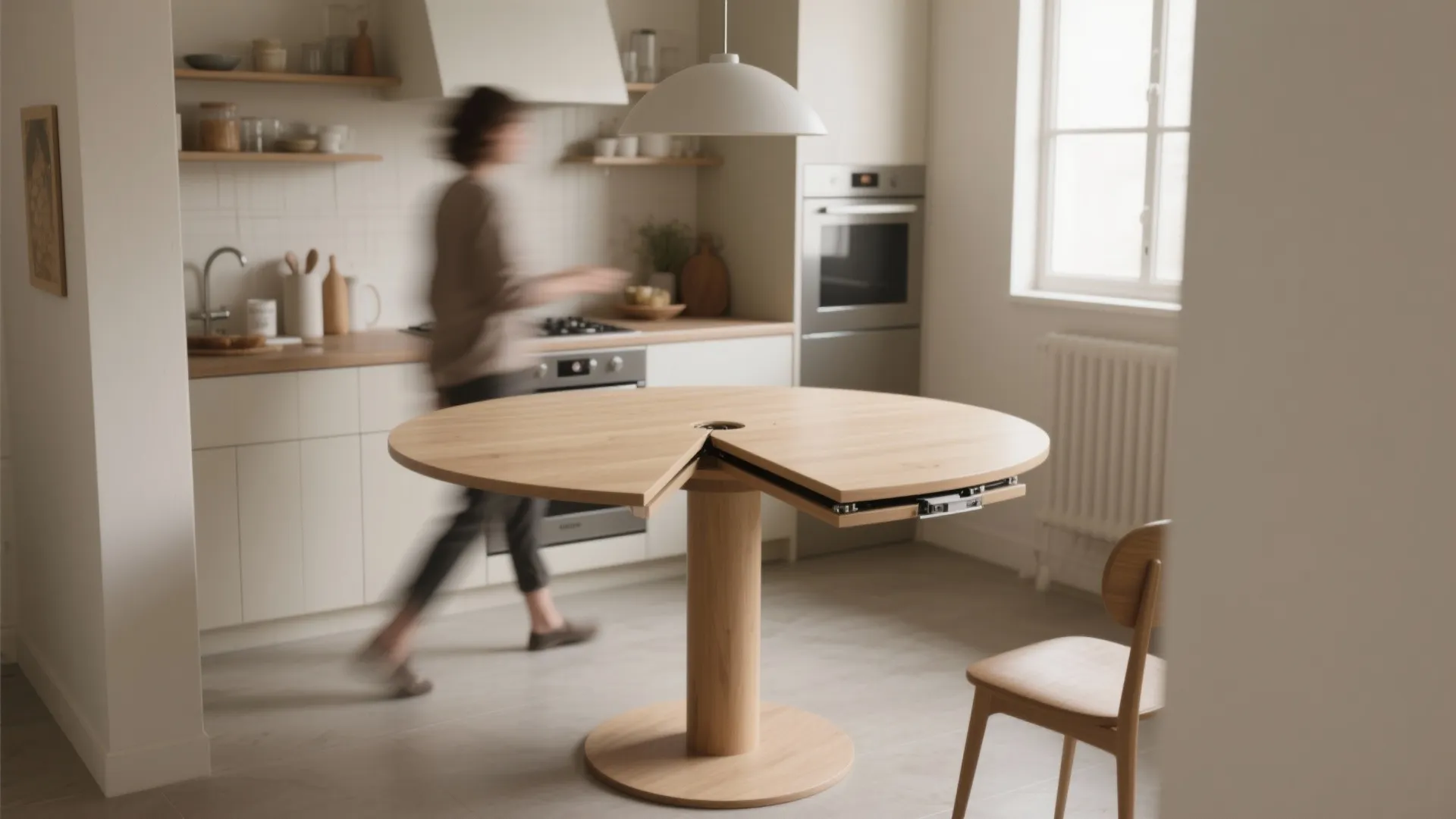 Round wooden kitchen table with a rotating extension feature in a bright modern home kitchen