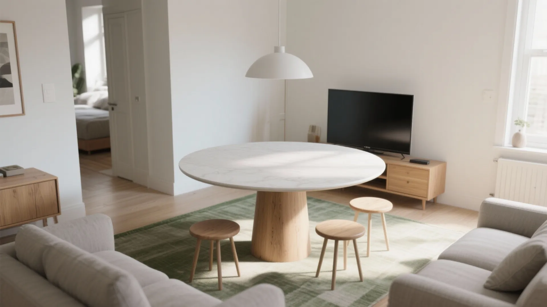 Round pedestal table as a pivot point (and a smarter TV angle)