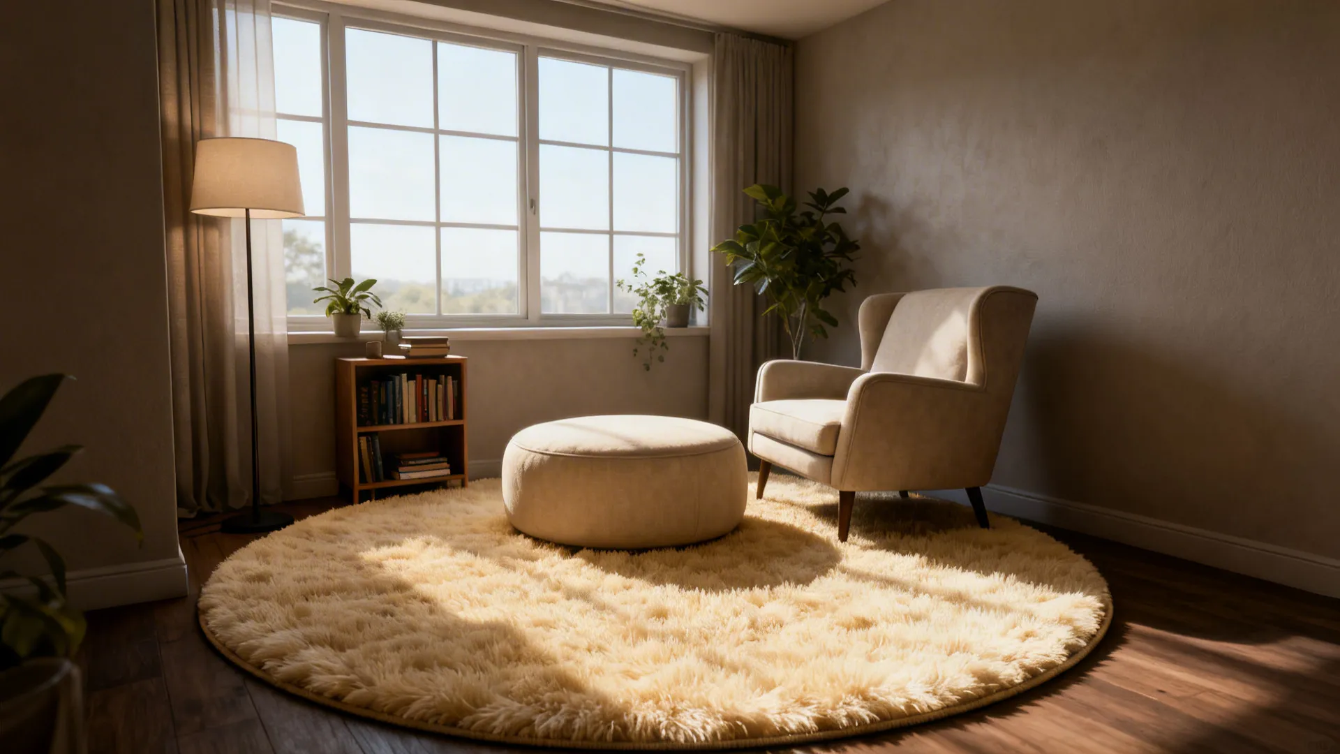 Reading nook with a round plush rug under a circular ottoman and armchair, softening the space