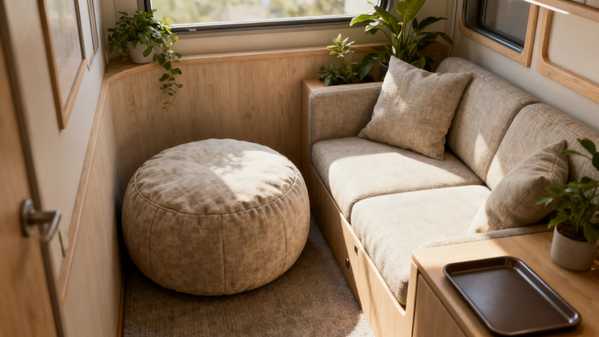 Round pouf ottoman softening a tight living room corner and improving flow.