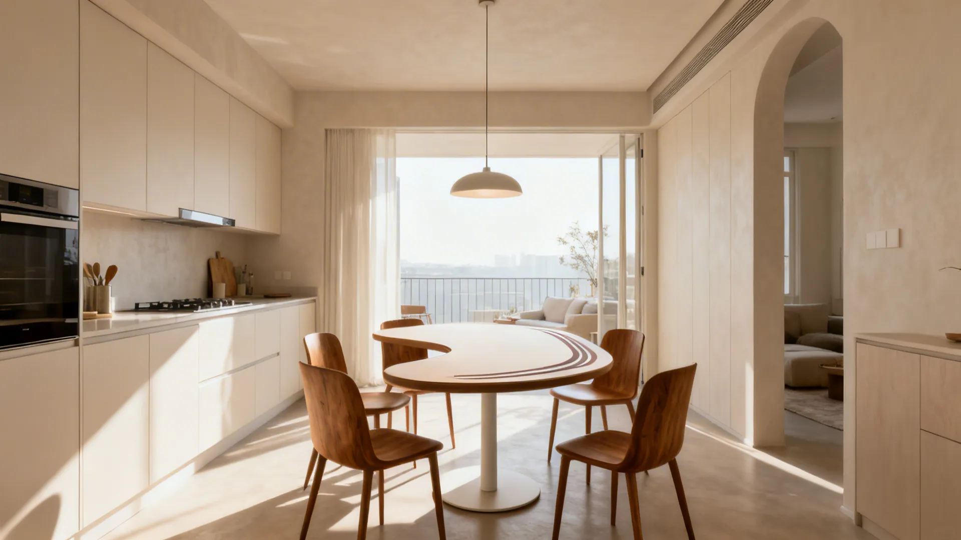 Round or racetrack pedestal table seats six and improves flow in a small kitchen.