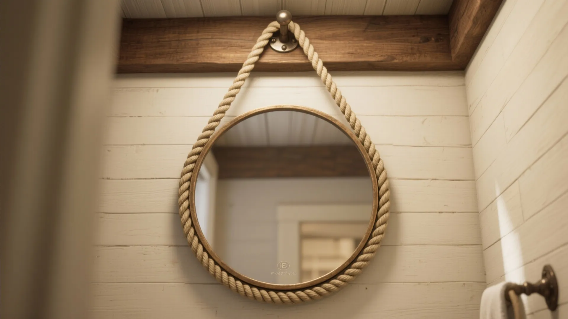 Round mirror with thick rope frame hanging on white wood wall under rustic ceiling beam
