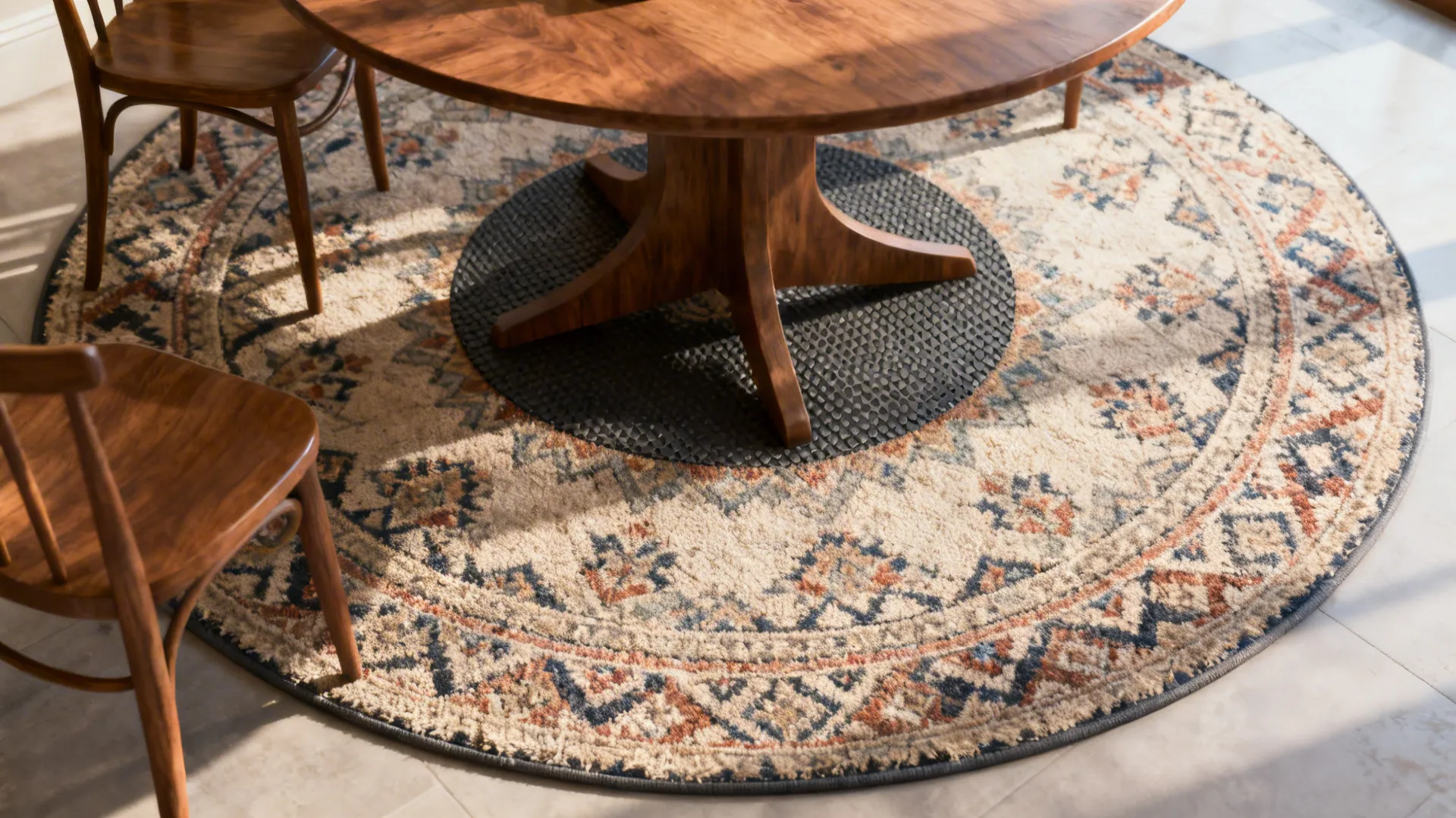 Round patterned rug under a round dining table with chairs partially on the rug.