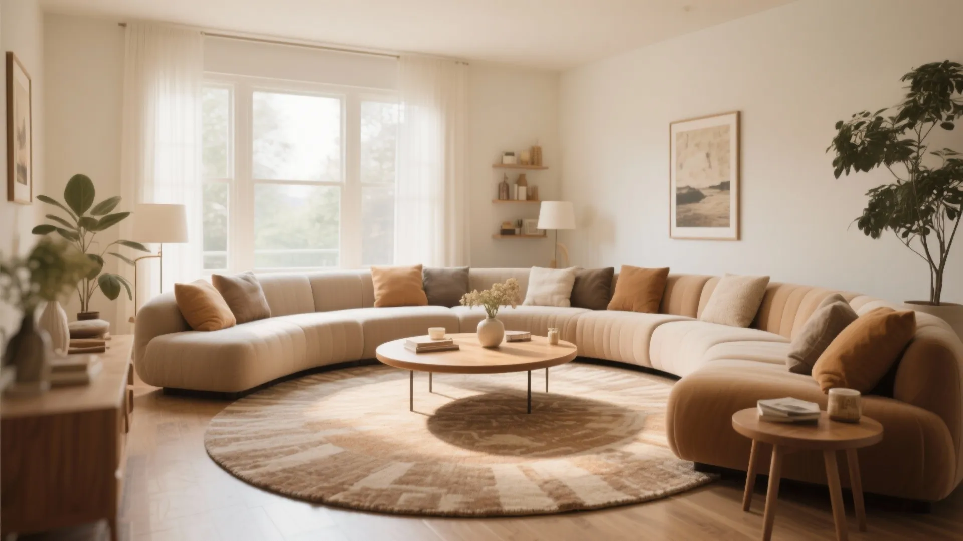 Modern curved sofa around a wooden coffee table and large round rug in sunlit room