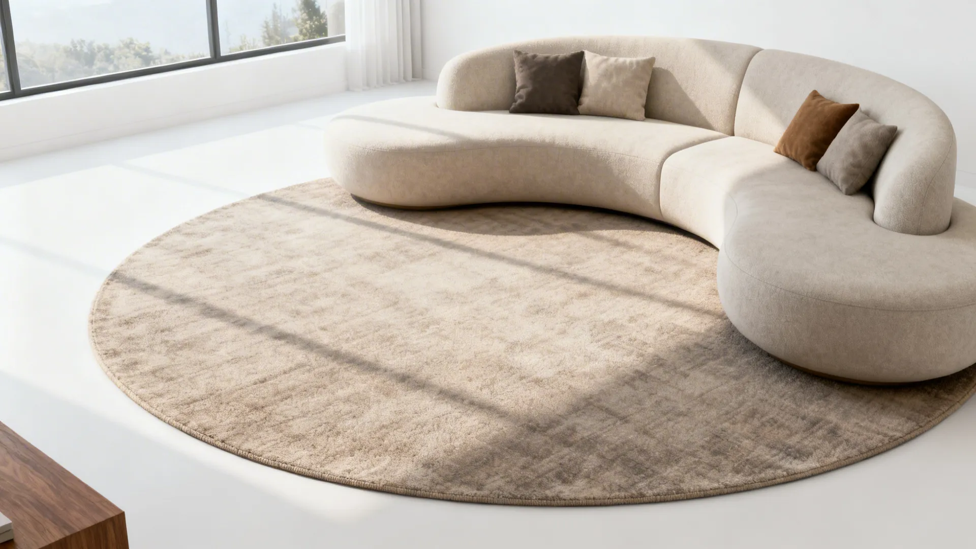 Large round rug under a curved sofa in a 10x12 living room, softening the room geometry.