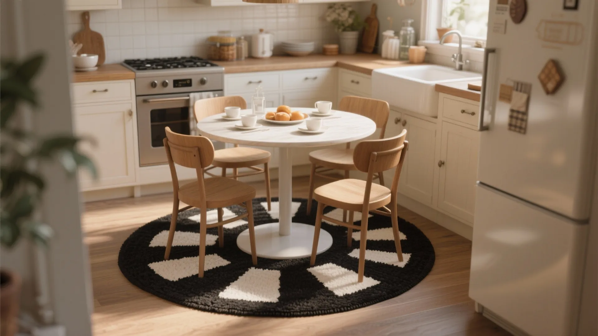 Small dining area with round white table four wooden chairs and round black white rug