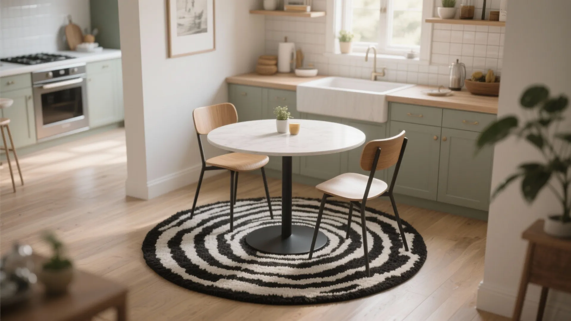 Round white dining table with wooden chairs on a black and white swirl kitchen rug